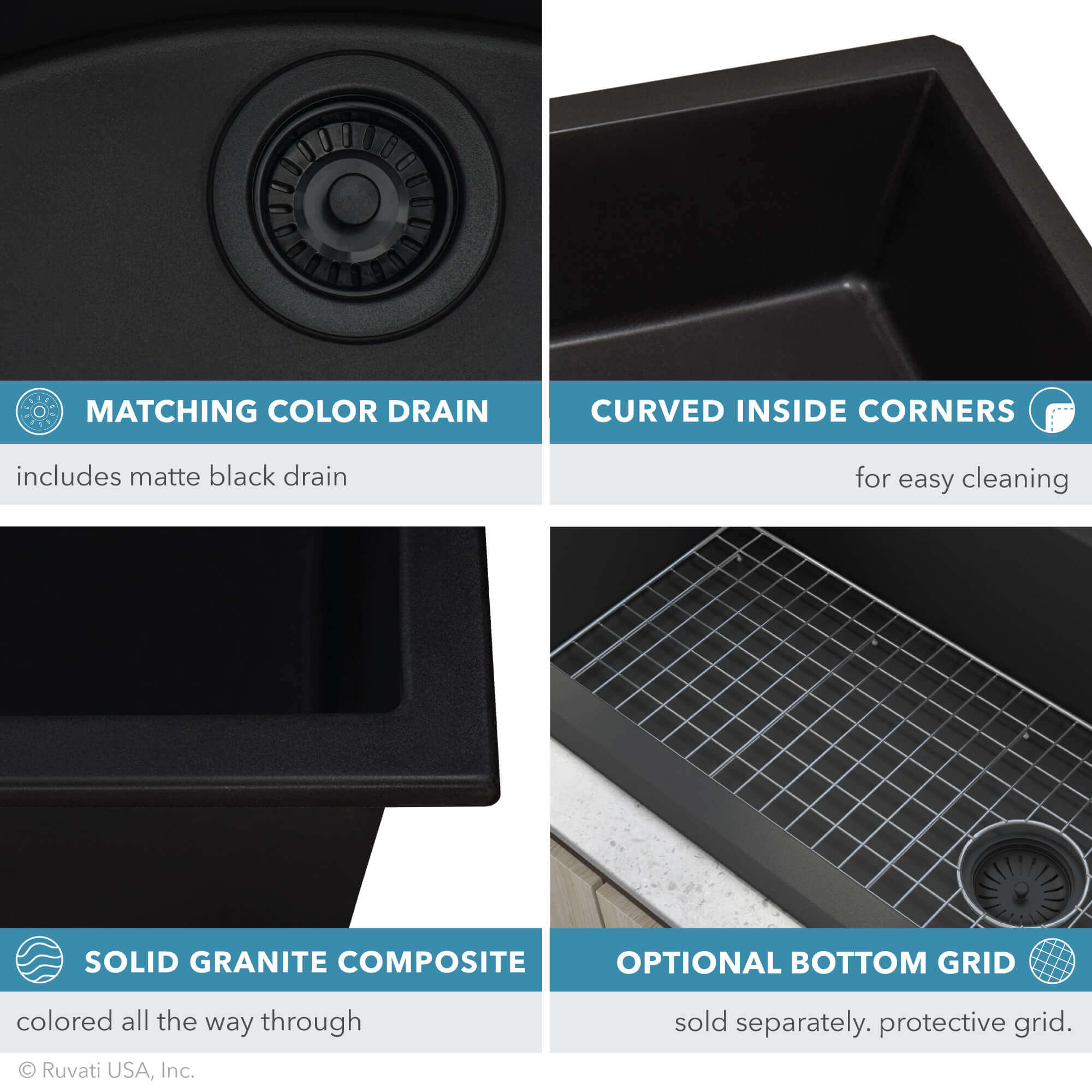 Features of Ruvati 32" epiGranite Sink: matching matte black drain, curved corners for easy cleaning, solid granite composite, optional bottom grid.