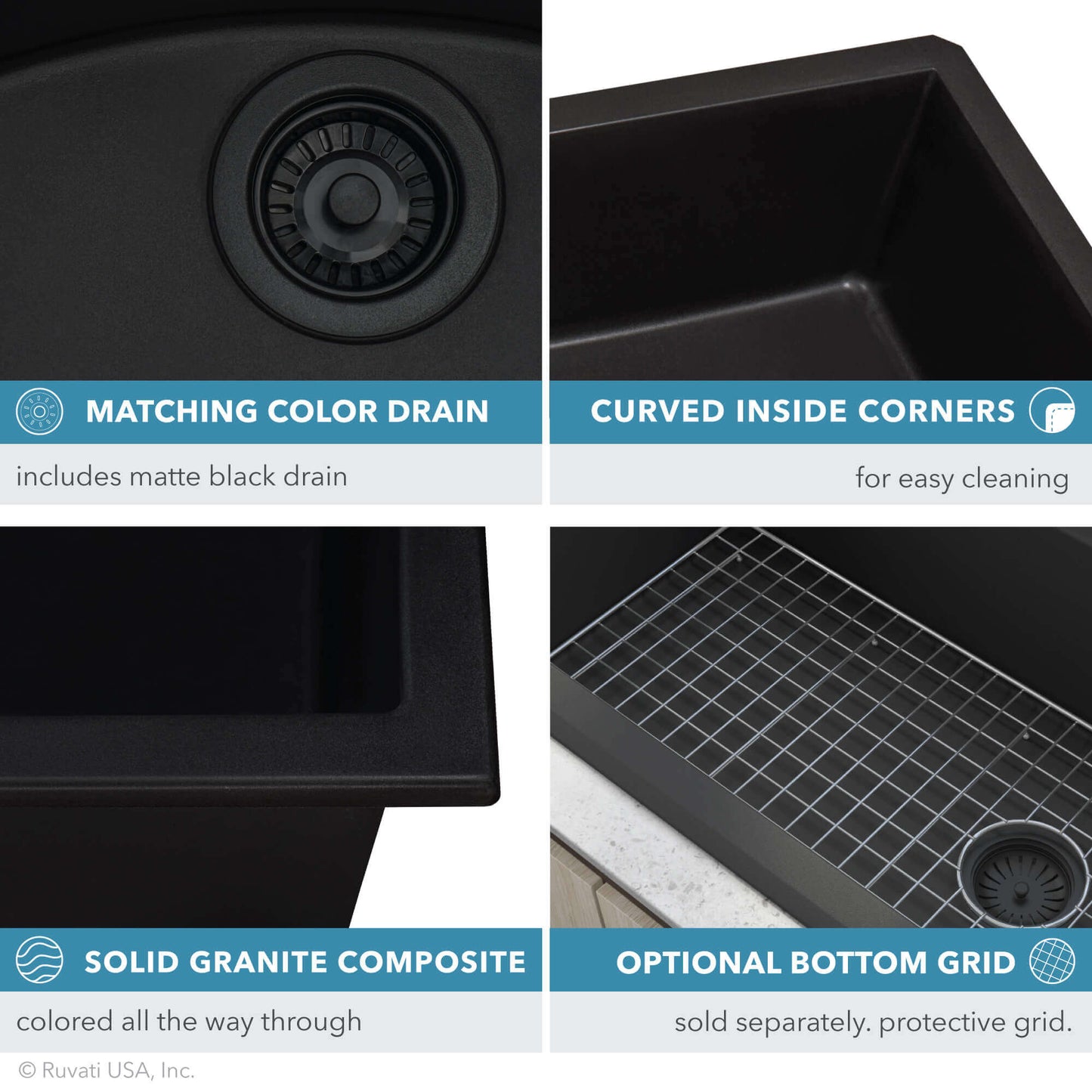 Features of Ruvati 32" epiGranite Sink: matching matte black drain, curved corners for easy cleaning, solid granite composite, optional bottom grid.