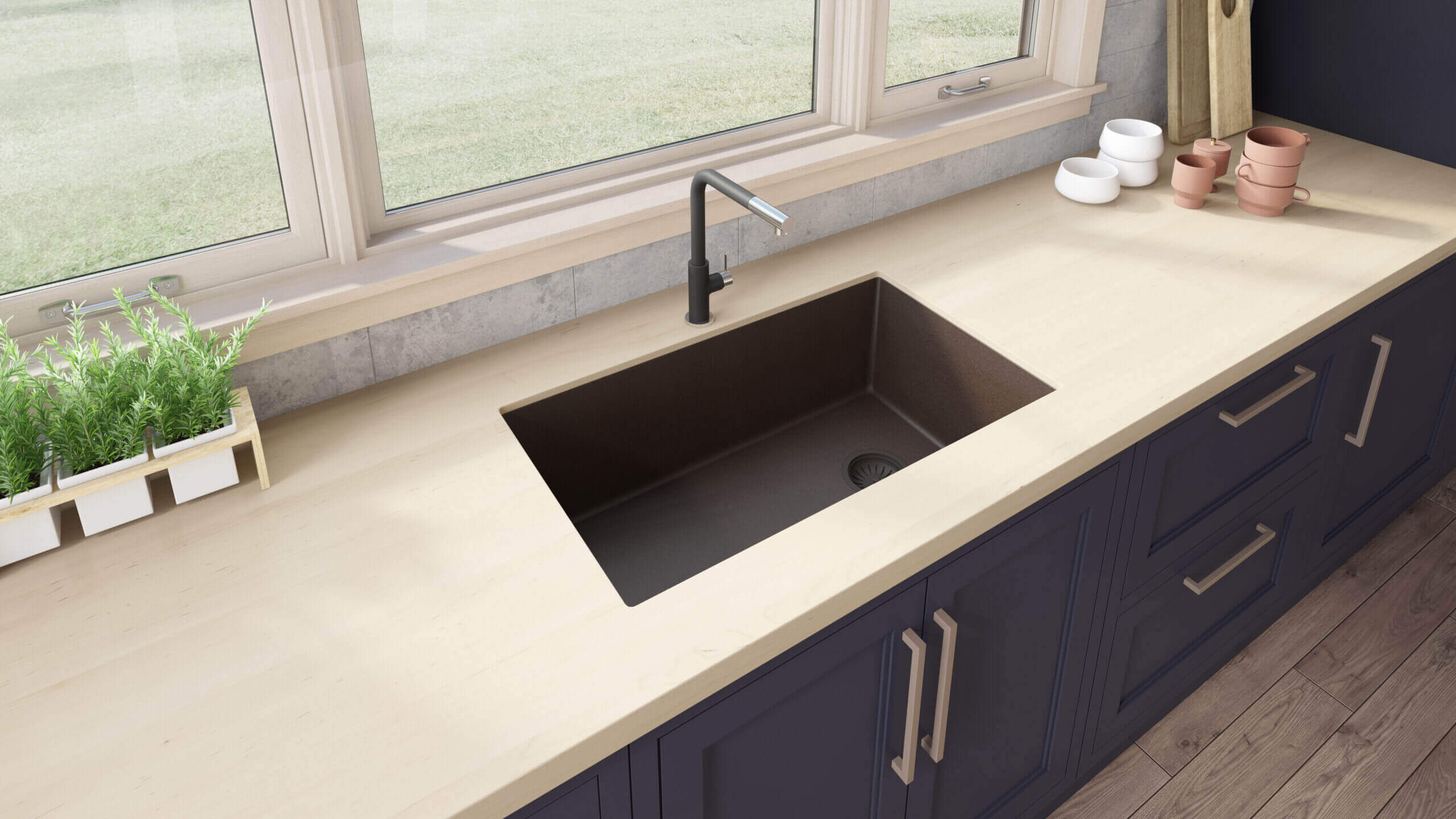 Ruvati 32" epiGranite undermount kitchen sink in Espresso Brown in a modern kitchen with countertop and faucet.