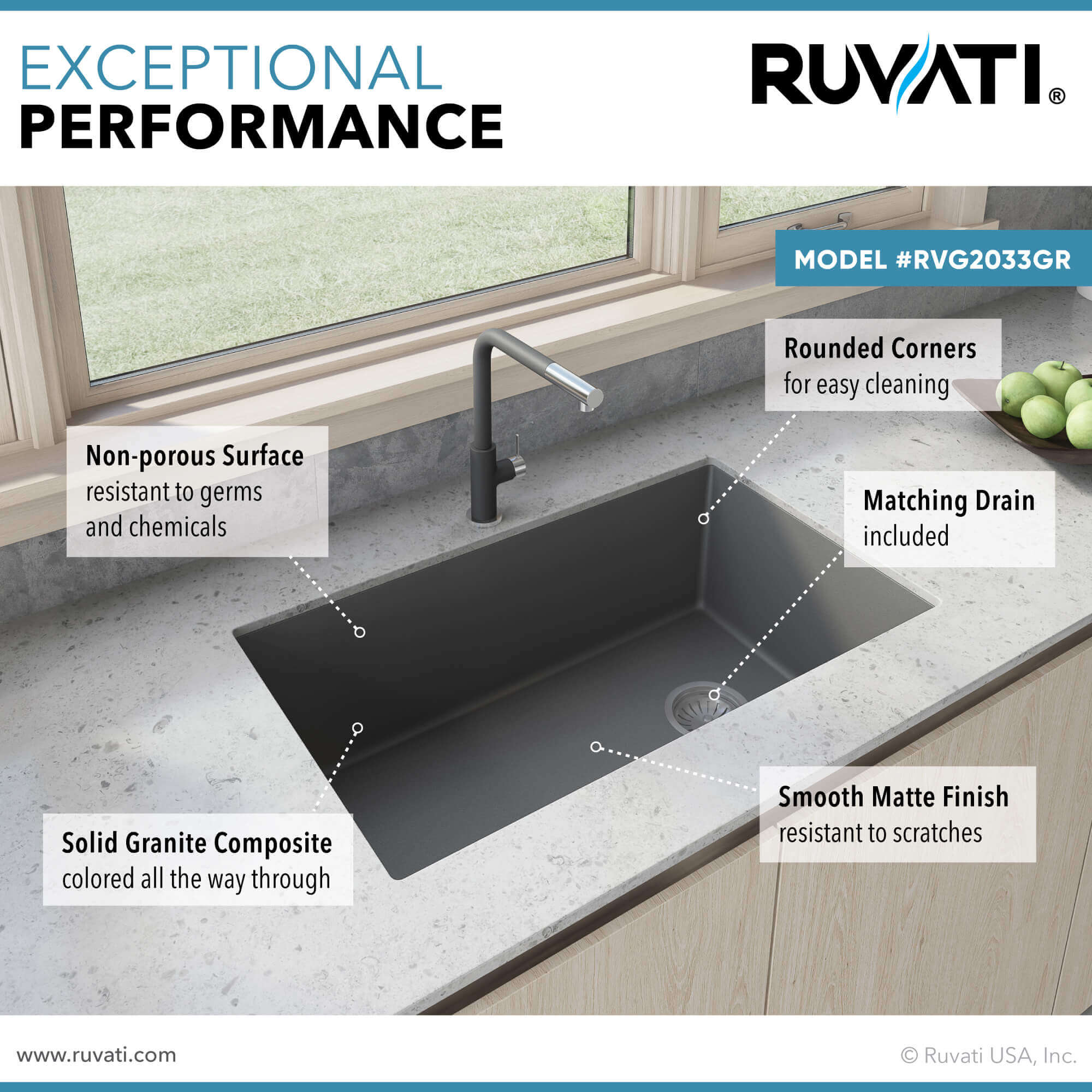 Ruvati RVG2033GR Urban Gray granite composite kitchen sink with matte finish, rounded corners, and matching drain in stylish kitchen setting.
