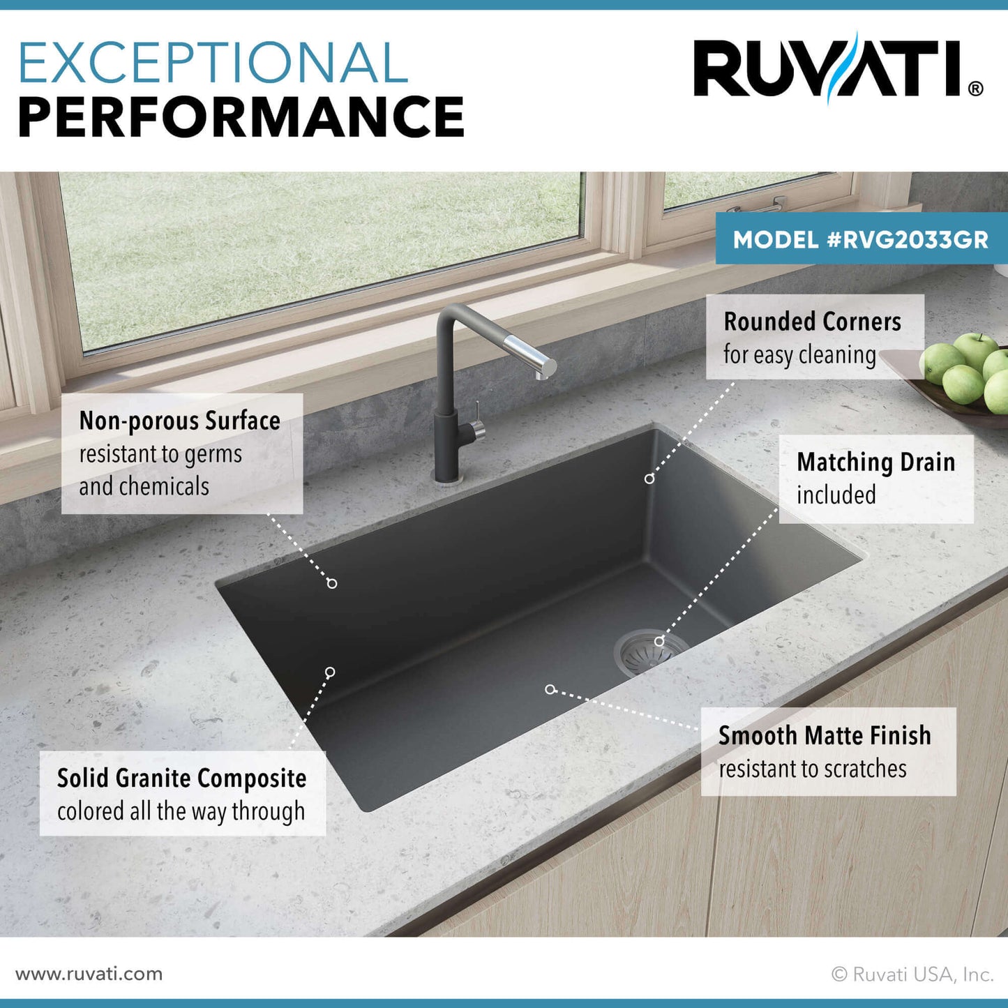 Ruvati RVG2033GR Urban Gray granite composite kitchen sink with matte finish, rounded corners, and matching drain in stylish kitchen setting.