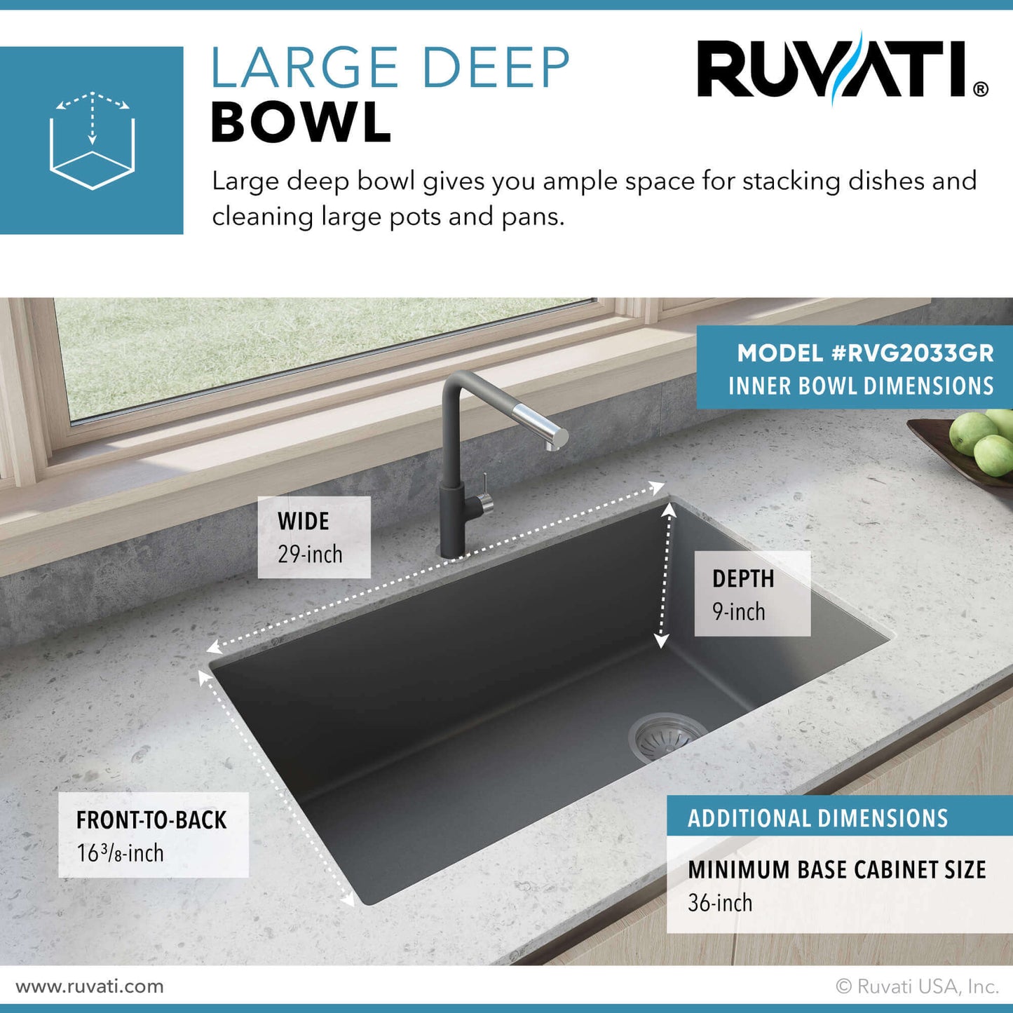 Ruvati Urban Gray large deep bowl kitchen sink dimensions with faucet, model RVG2033GR, featuring wide 29-inch design and 9-inch depth.