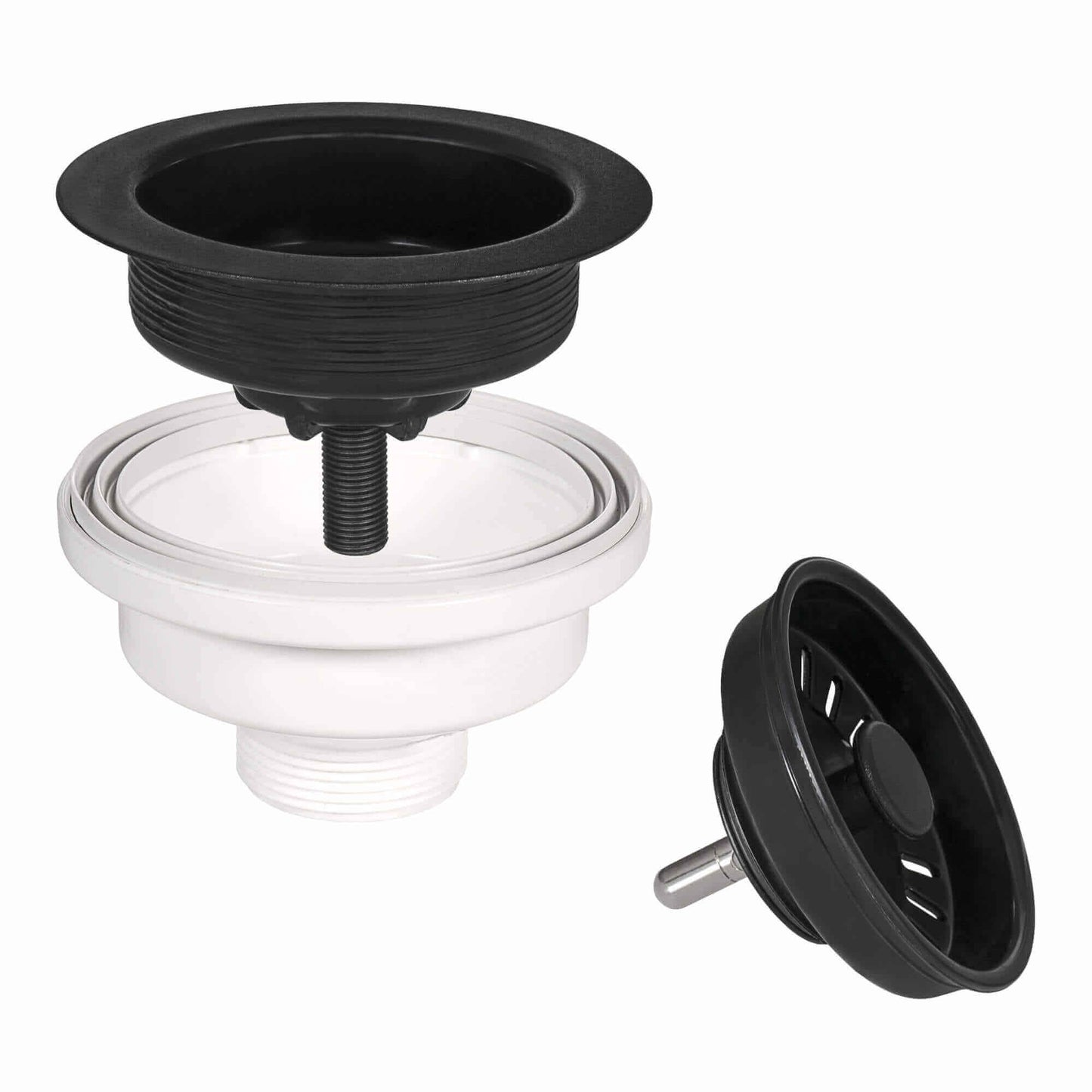 Ruvati RVG2388 32" Granite Composite Undermount Double Bowl Sink drain assembly with black stopper and white base.