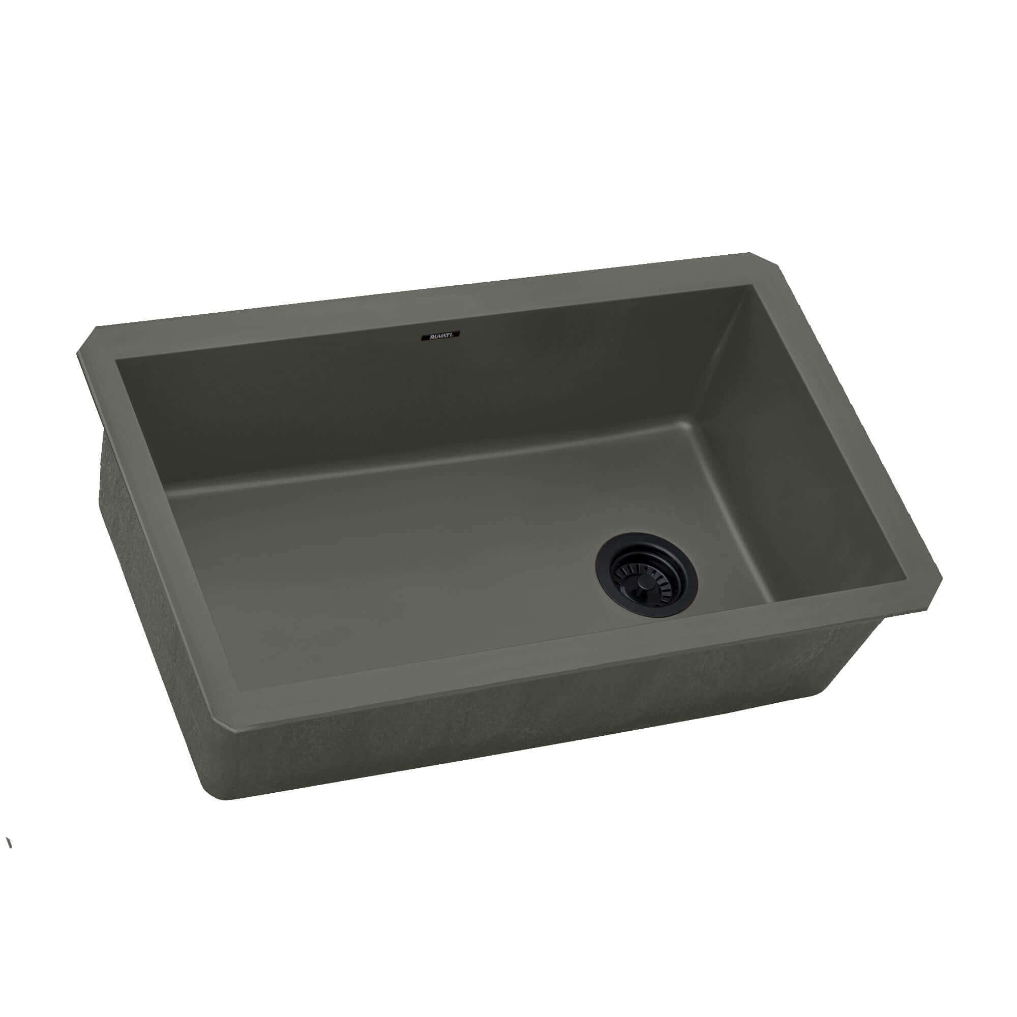 Ruvati 32" epiGranite Undermount Kitchen Sink in Juniper Green with single bowl design and offset drain hole.