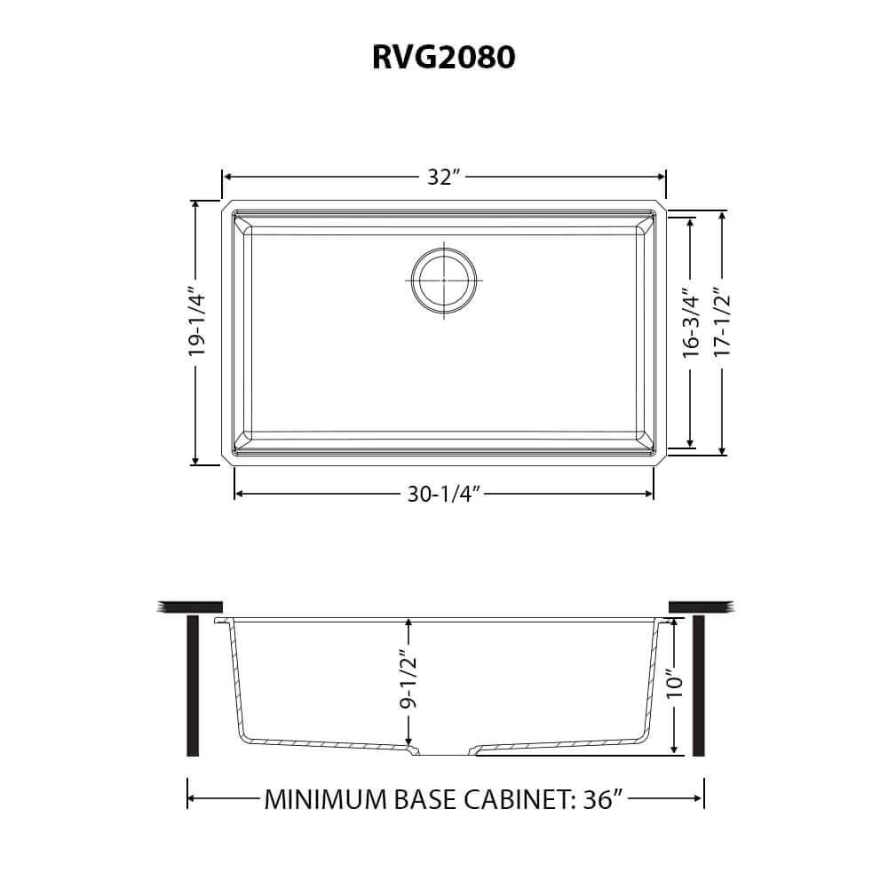 Ruvati RVG2080 32" Granite Composite Undermount Single Bowl Kitchen Sink dimensions diagram with measurements.