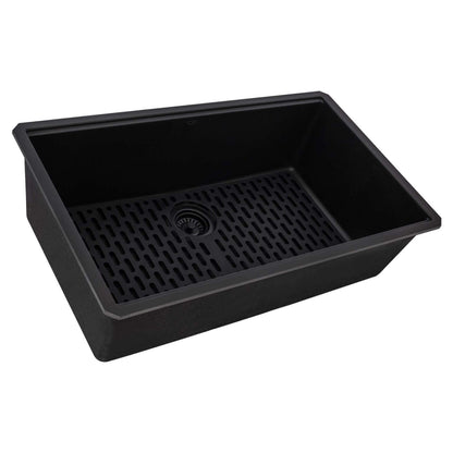 Ruvati RVG2080 32" Granite Composite Undermount Single Bowl Kitchen Sink in black with a textured bottom and drain.