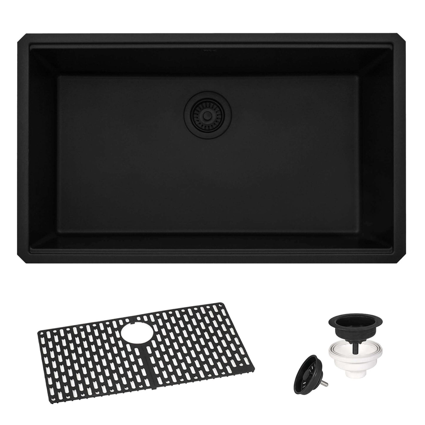 Ruvati RVG2080 32" Granite Composite Undermount Single Bowl Kitchen Sink with accessories including a strainer and drain.