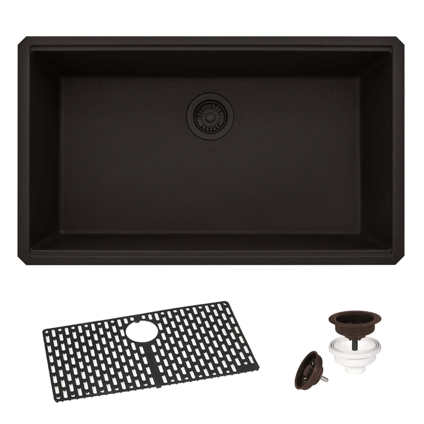 Ruvati RVG2080 32" Granite Composite Undermount Single Bowl Kitchen Sink with accessories and drain parts.