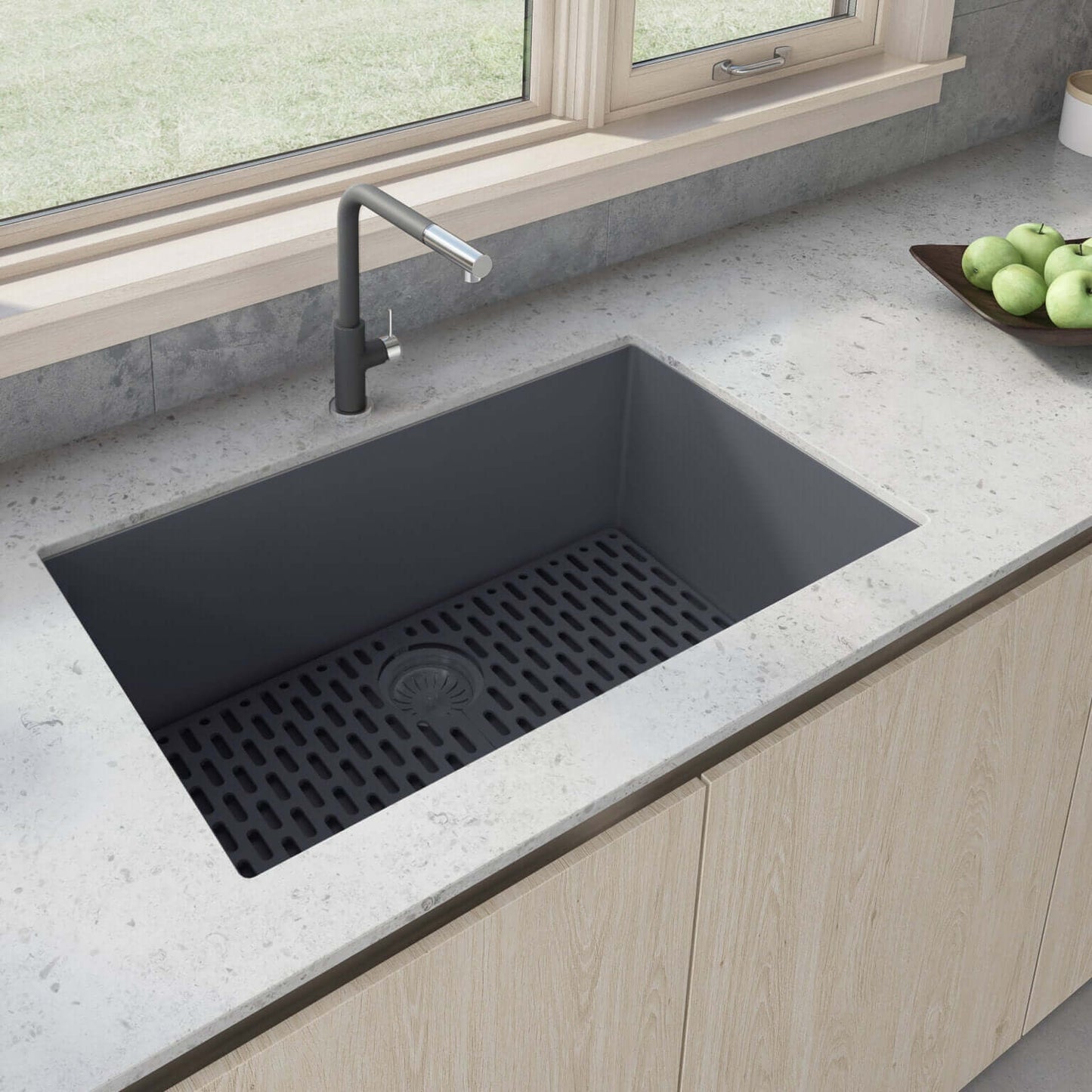 Ruvati RVG2080 32" Granite Composite Undermount Single Bowl Kitchen Sink with drain grid and faucet in modern kitchen.