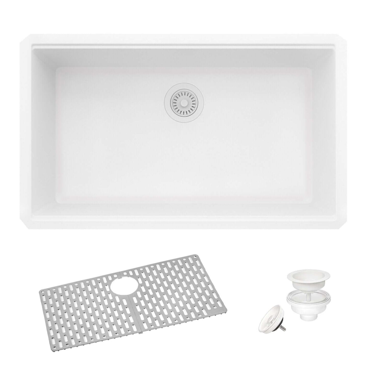 Ruvati RVG2080 32" Granite Composite Undermount Single Bowl Kitchen Sink with accessories.