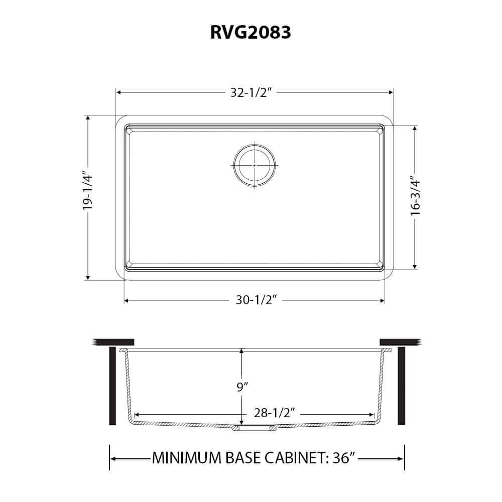 Technical drawing of Ruvati 32" epiGranite undermount kitchen kitchen sink with dimensions labeled
