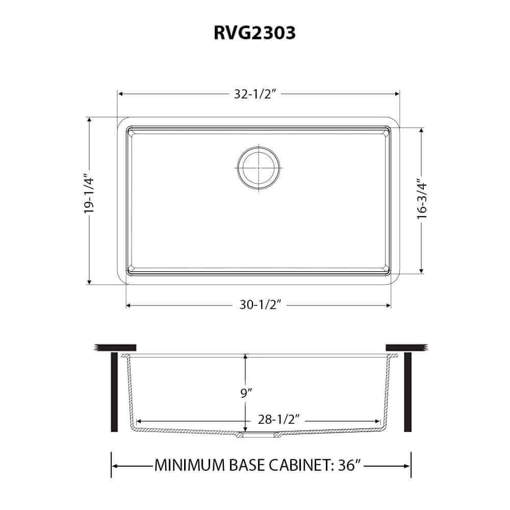 Ruvati RVG2303 32" Granite Composite Undermount Workstation Kitchen Sink technical drawing with dimensions.