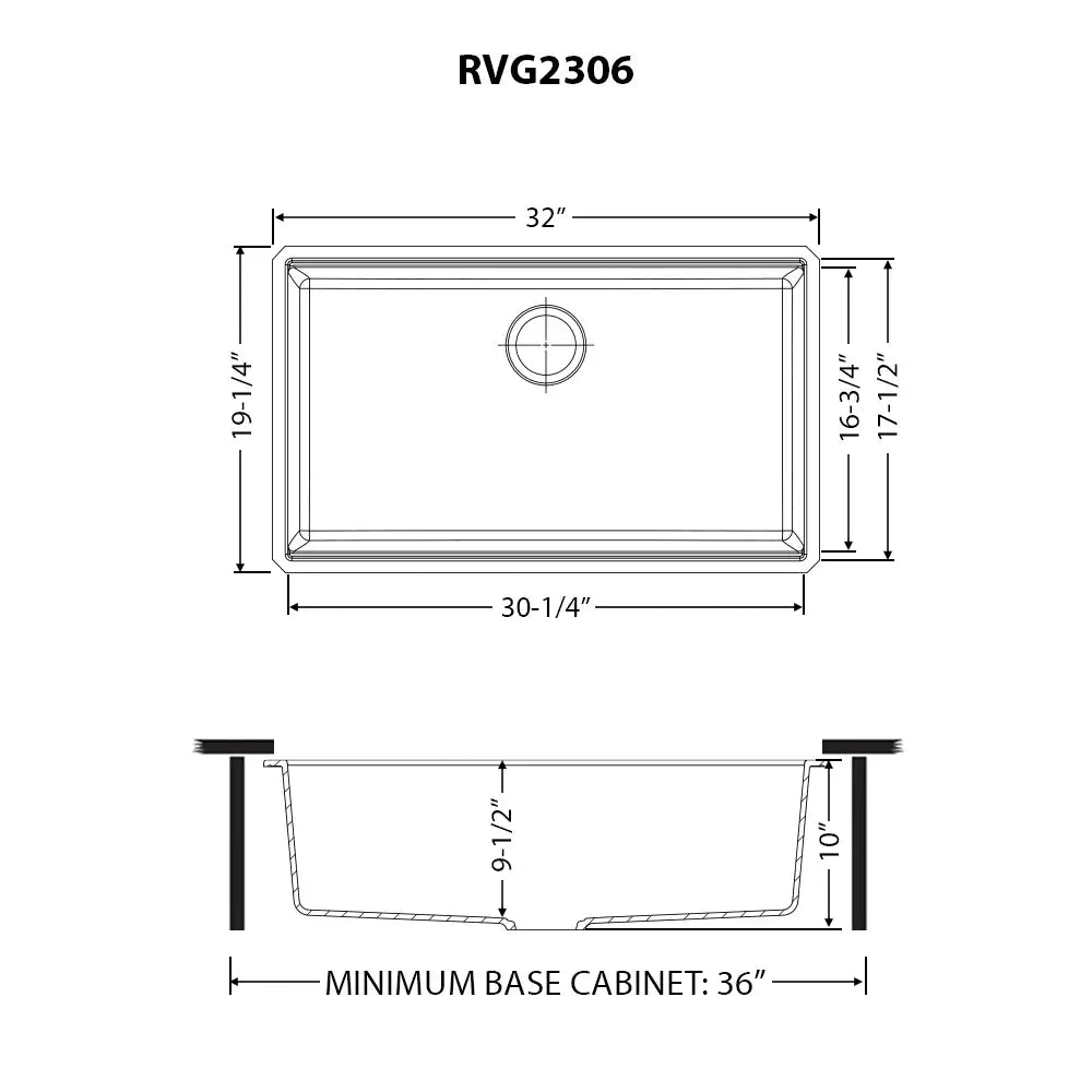 Ruvati RVG2306 32" Granite Composite Undermount Workstation Kitchen Sink dimensions diagram with size specifications.