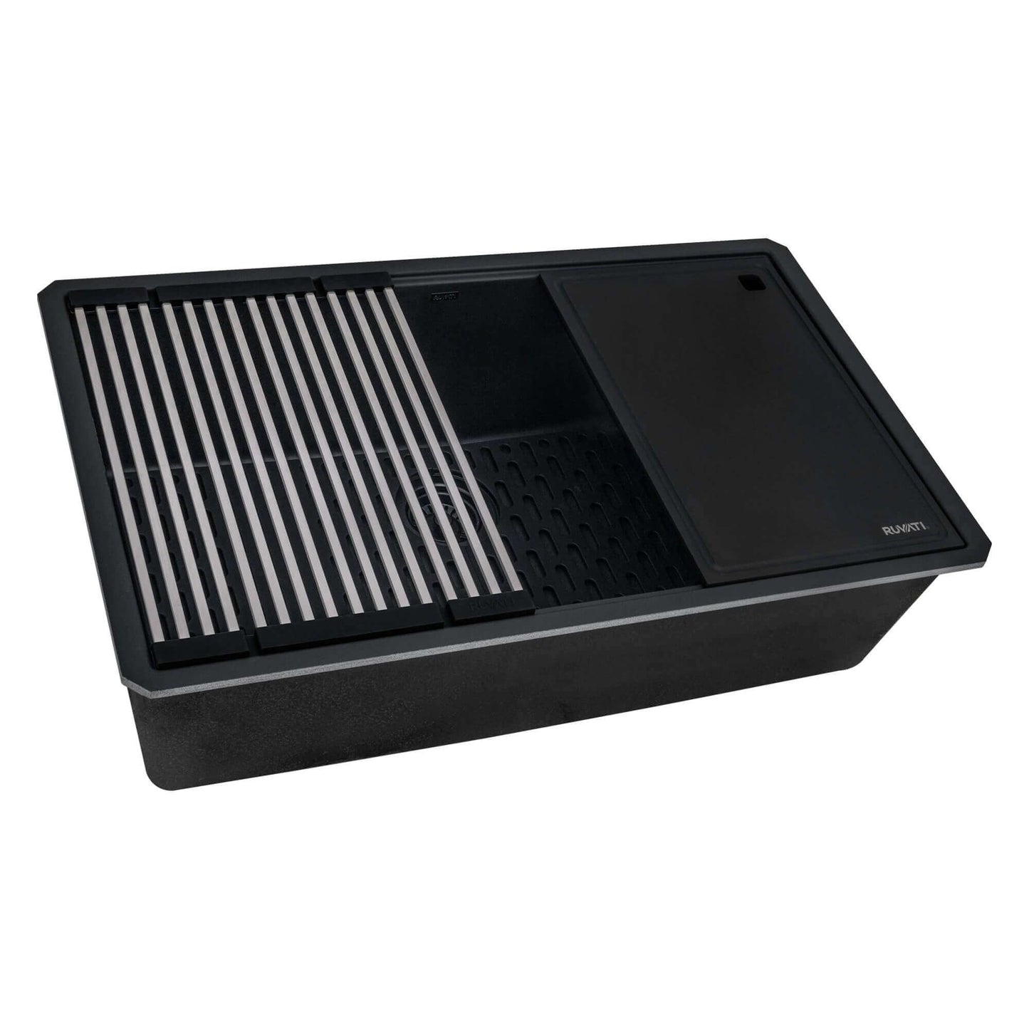 Ruvati RVG2306 32" Granite Composite Undermount Workstation Kitchen Sink with cutting board and drying rack.