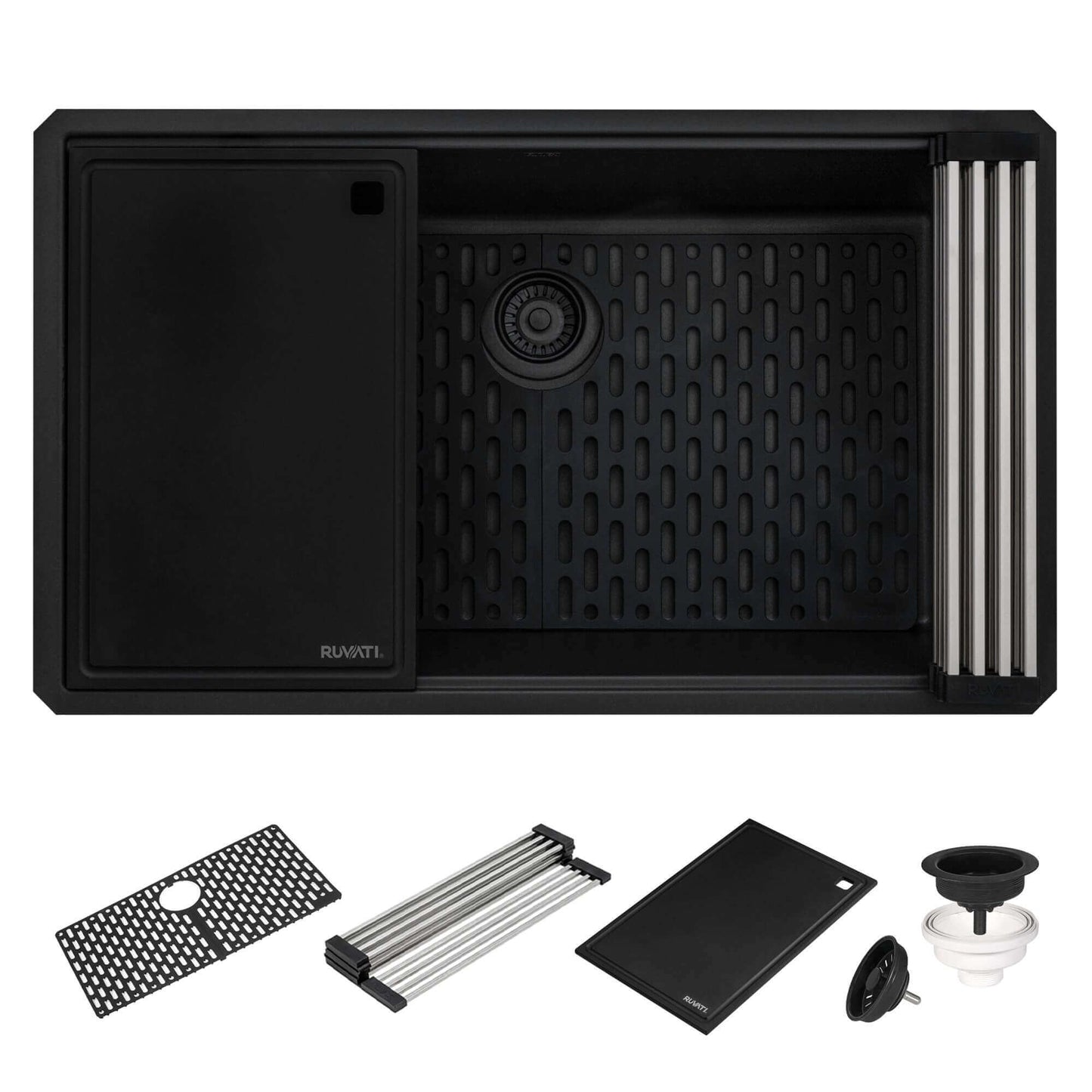 Ruvati RVG2306 32" Granite Composite Undermount Workstation Kitchen Sink with accessories and design details.