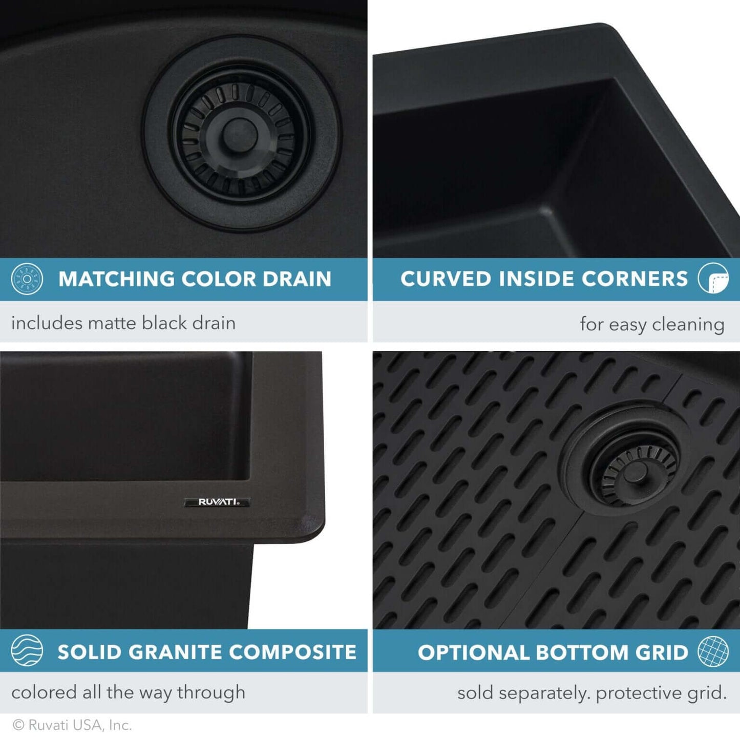 Ruvati RVG2306 32" Granite Composite Undermount Workstation Kitchen Sink features matching color drain, curved corners, and solid granite composite.