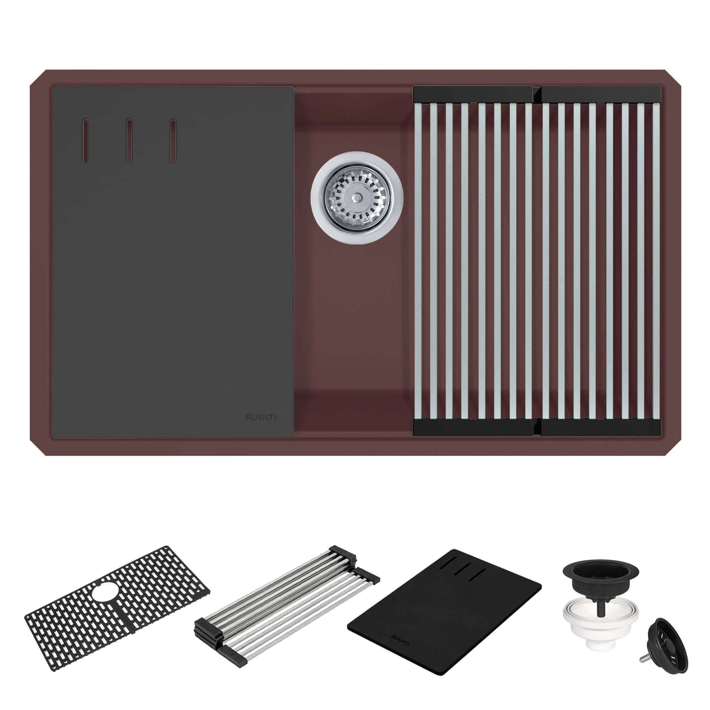 Ruvati RVG2306 32" Granite Composite Undermount Workstation Kitchen Sink with accessories and dish rack.