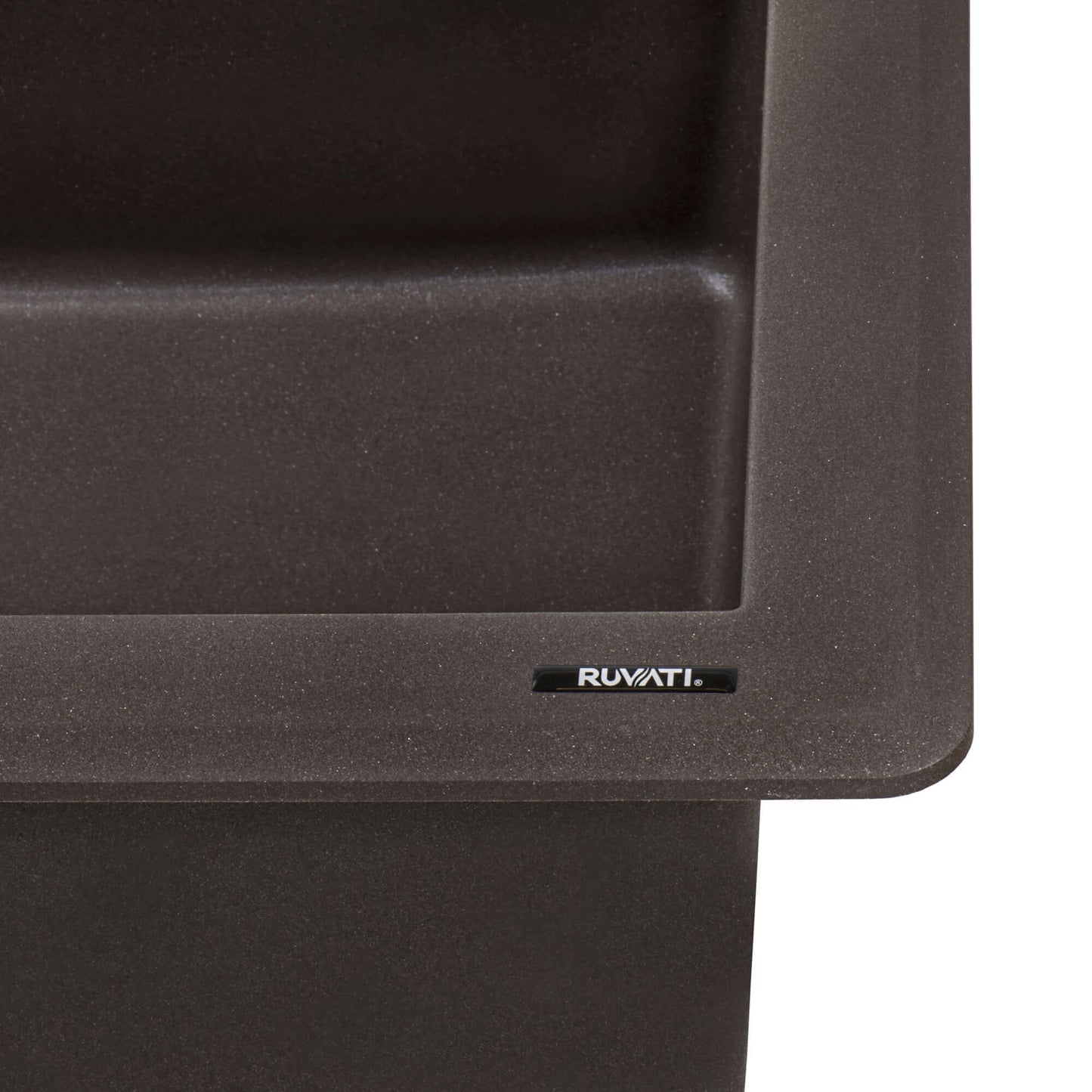 Ruvati RVG2306 32" Granite Composite Undermount Workstation Kitchen Sink close-up view showing the brand logo and sink design.