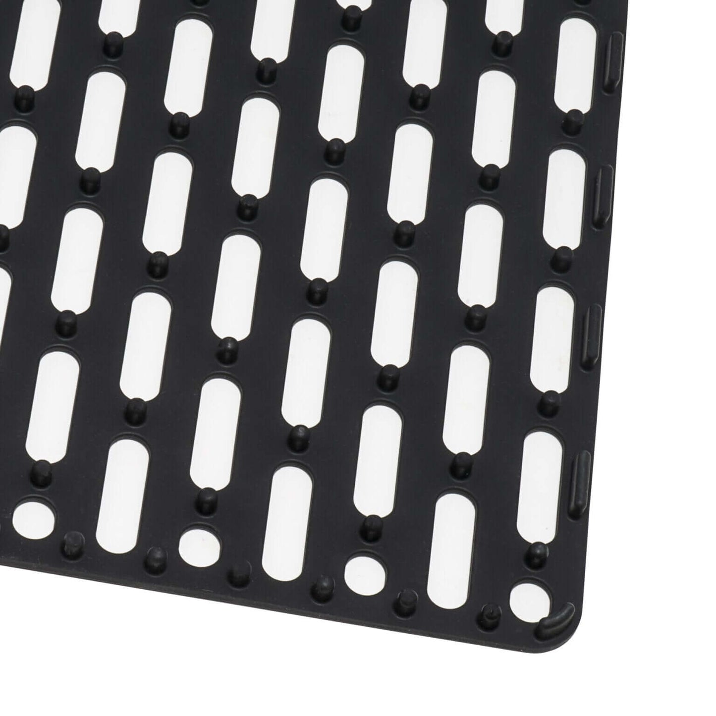 Black silicone sink mat with drainage holes for kitchen use, designed for Ruvati RVG2306 32" Granite Composite Undermount Workstation Kitchen Sink.