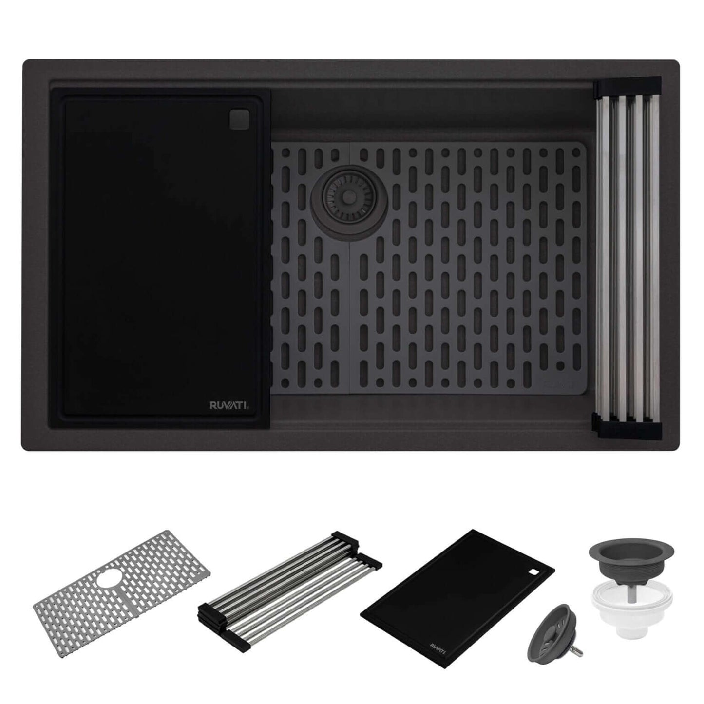 Ruvati RVG2306 32" Granite Composite Undermount Workstation Kitchen Sink with accessories view