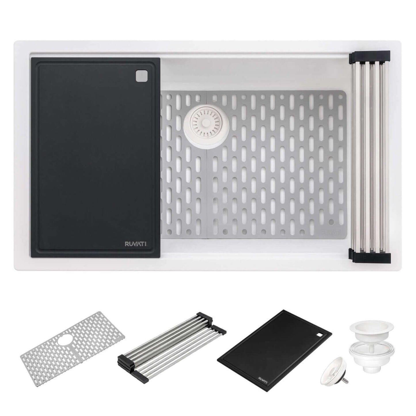 Ruvati RVG2306 32" Granite Composite Undermount Workstation Kitchen Sink with accessories and cutting board.