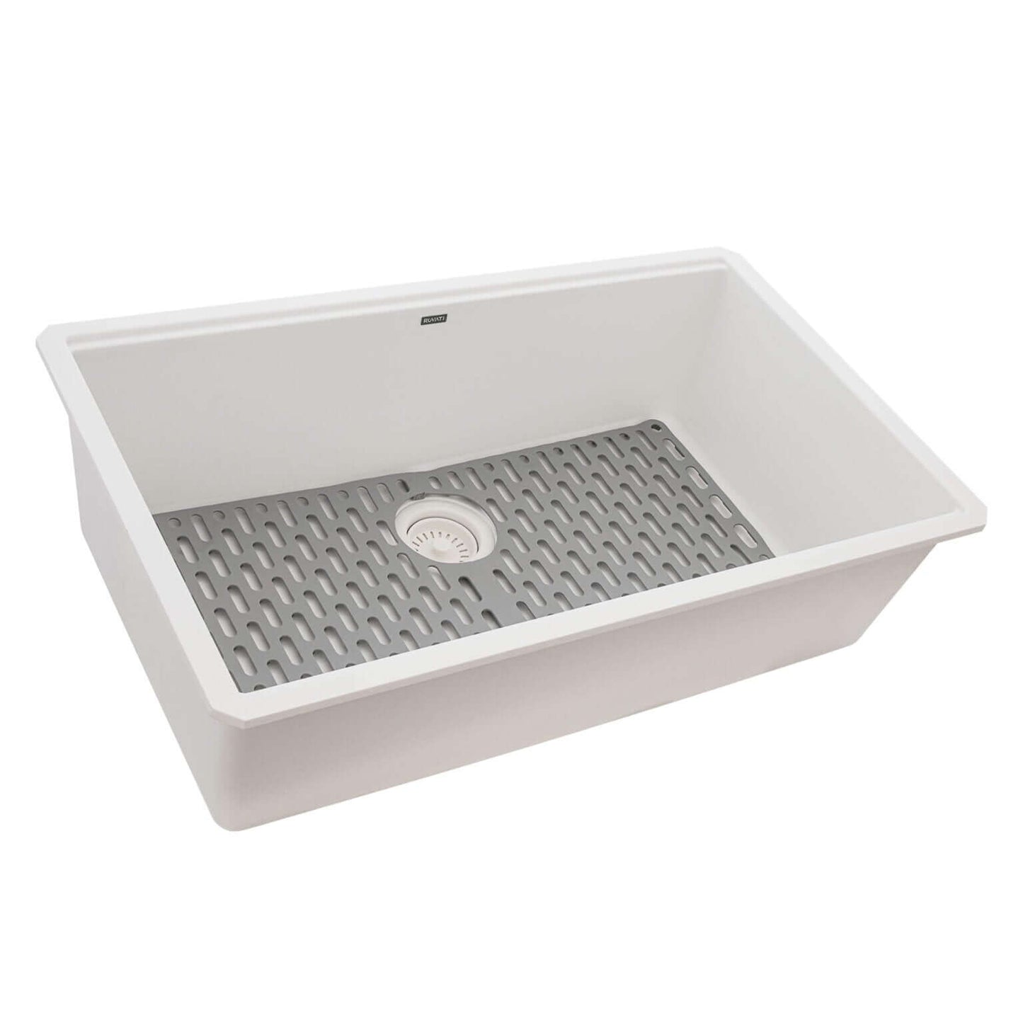 Ruvati RVG2306 32" Granite Composite Undermount Workstation Kitchen Sink with a grey drain grid.