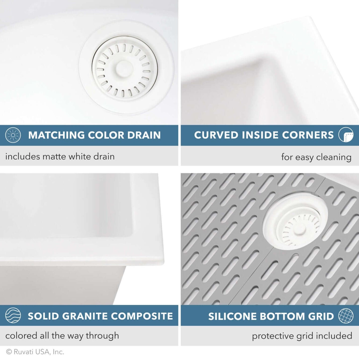 Features of Ruvati RVG2306 32" Granite Composite Undermount Workstation Kitchen Sink with matte white drain and silicone bottom grid.