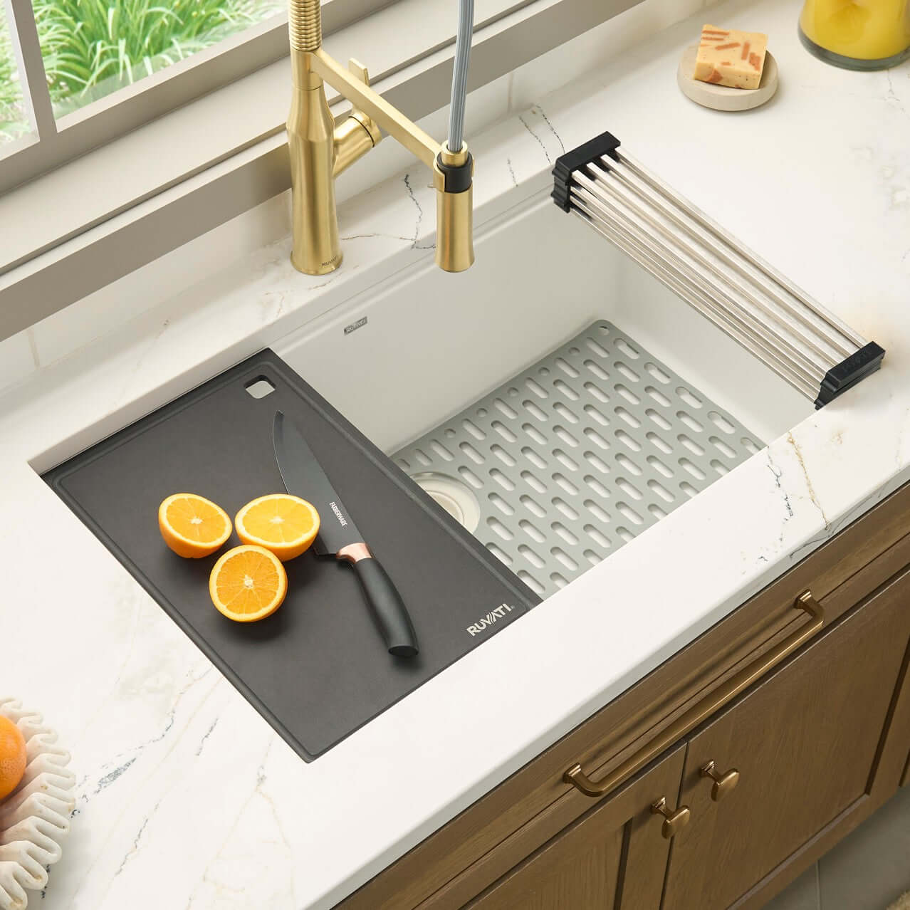 Ruvati RVG2306 32" Granite Composite Undermount Workstation Kitchen Sink with cutting board and knife.