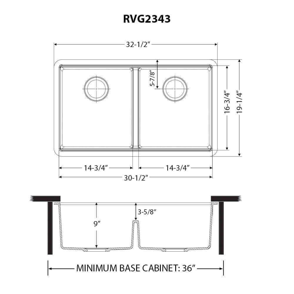 Ruvati RVG2343 32" Granite Composite Undermount Workstation Sink dimensions diagram with sizes labeled.