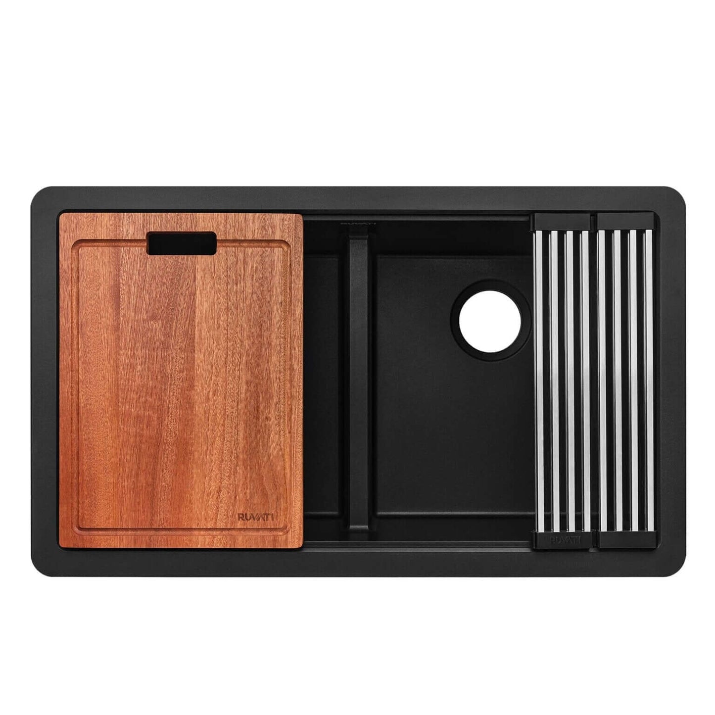 Ruvati RVG2343 32" Granite Composite Undermount Workstation Sink with cutting board and drying rack included.