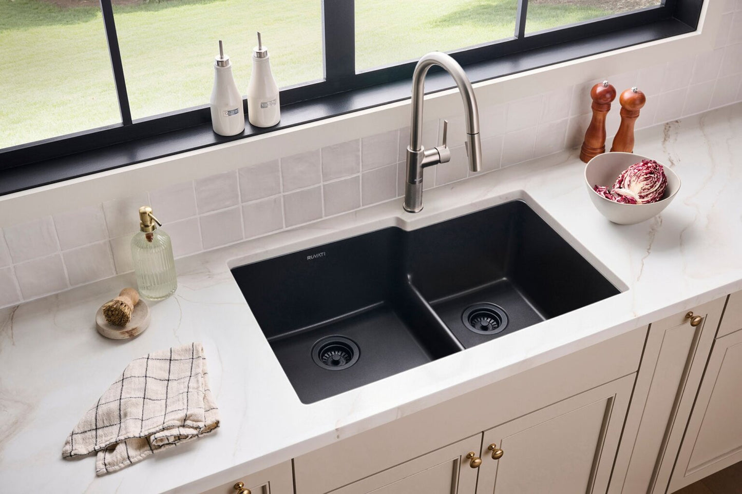 Ruvati epiGranite RVG2347 33" Undermount Double Bowl Kitchen Sink with Low Divide
