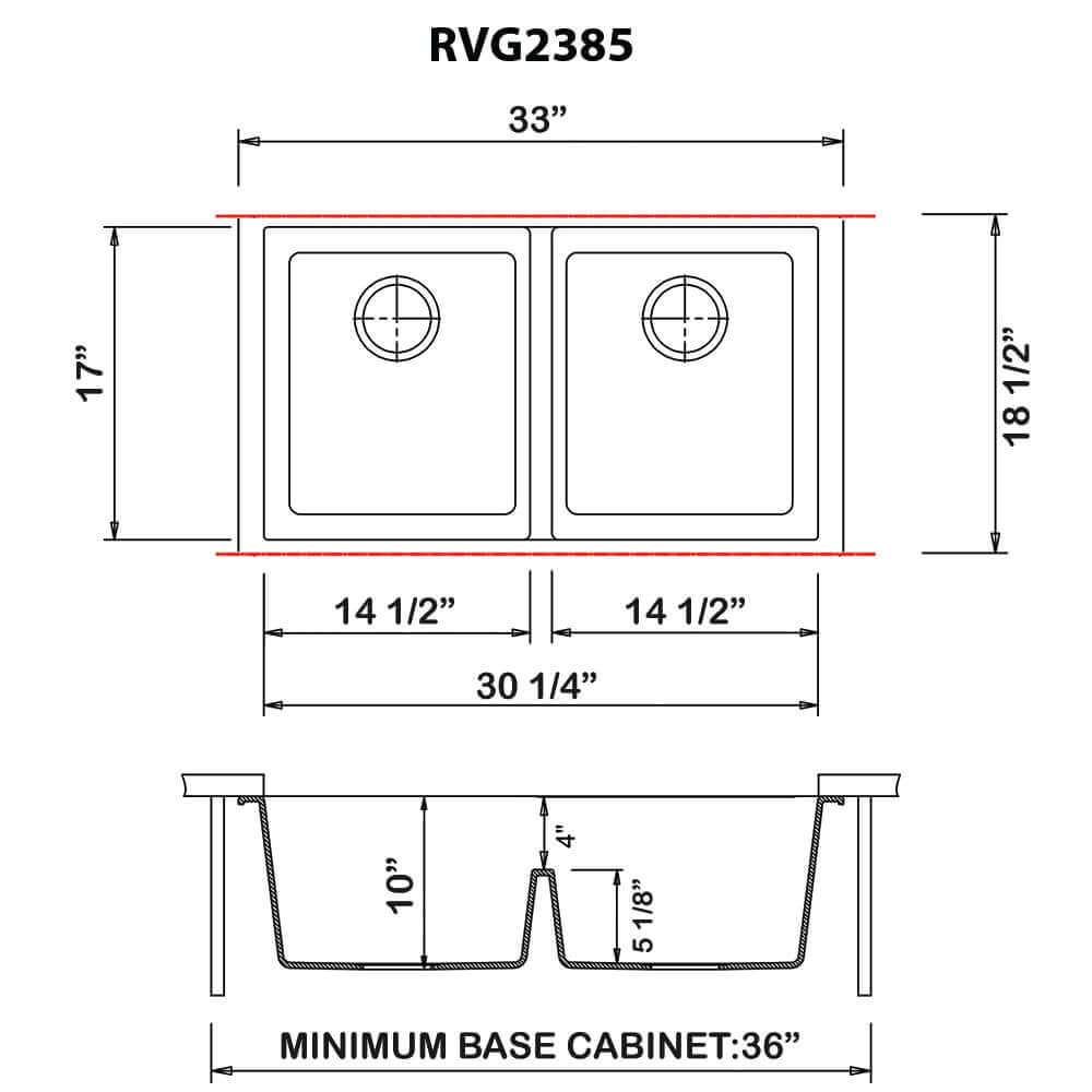 Ruvati RVG2385 33" Granite Composite Undermount Low Divide Sink dimensions diagram with measurements.