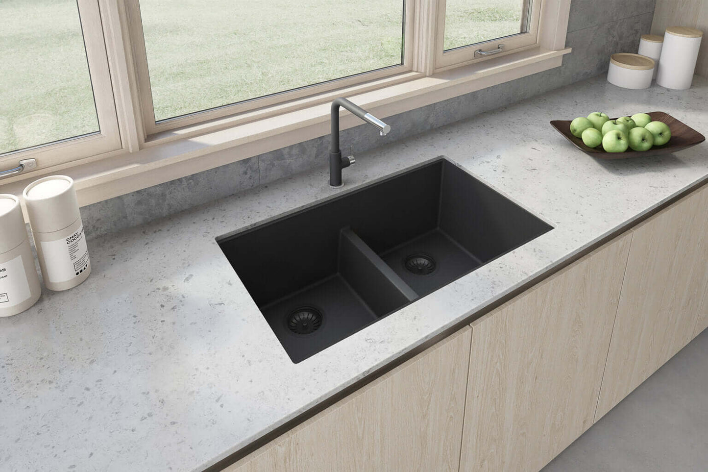 Ruvati RVG2385 33" Granite Composite Undermount Low Divide Sink installed in a modern kitchen.