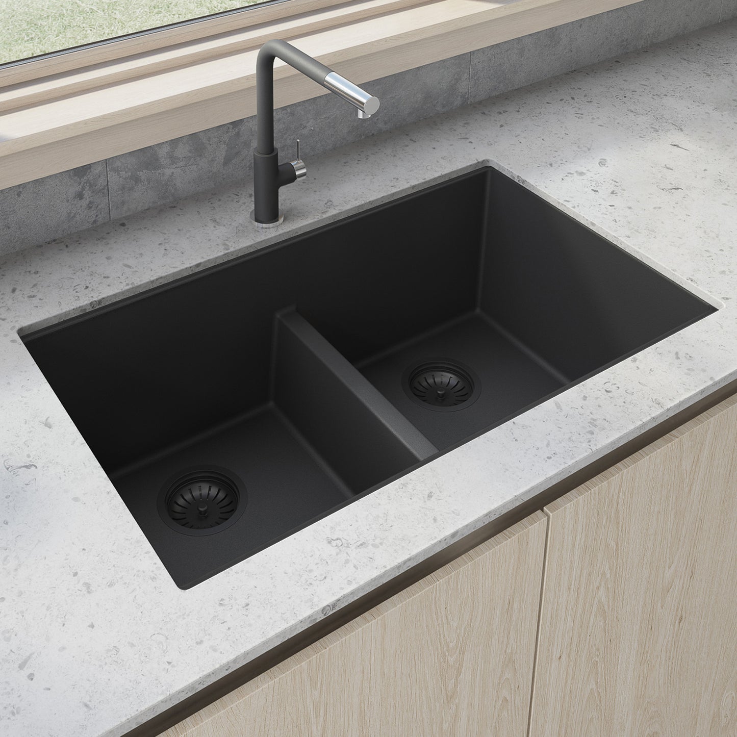 Ruvati RVG2385 33" Granite Composite Undermount Low Divide Sink