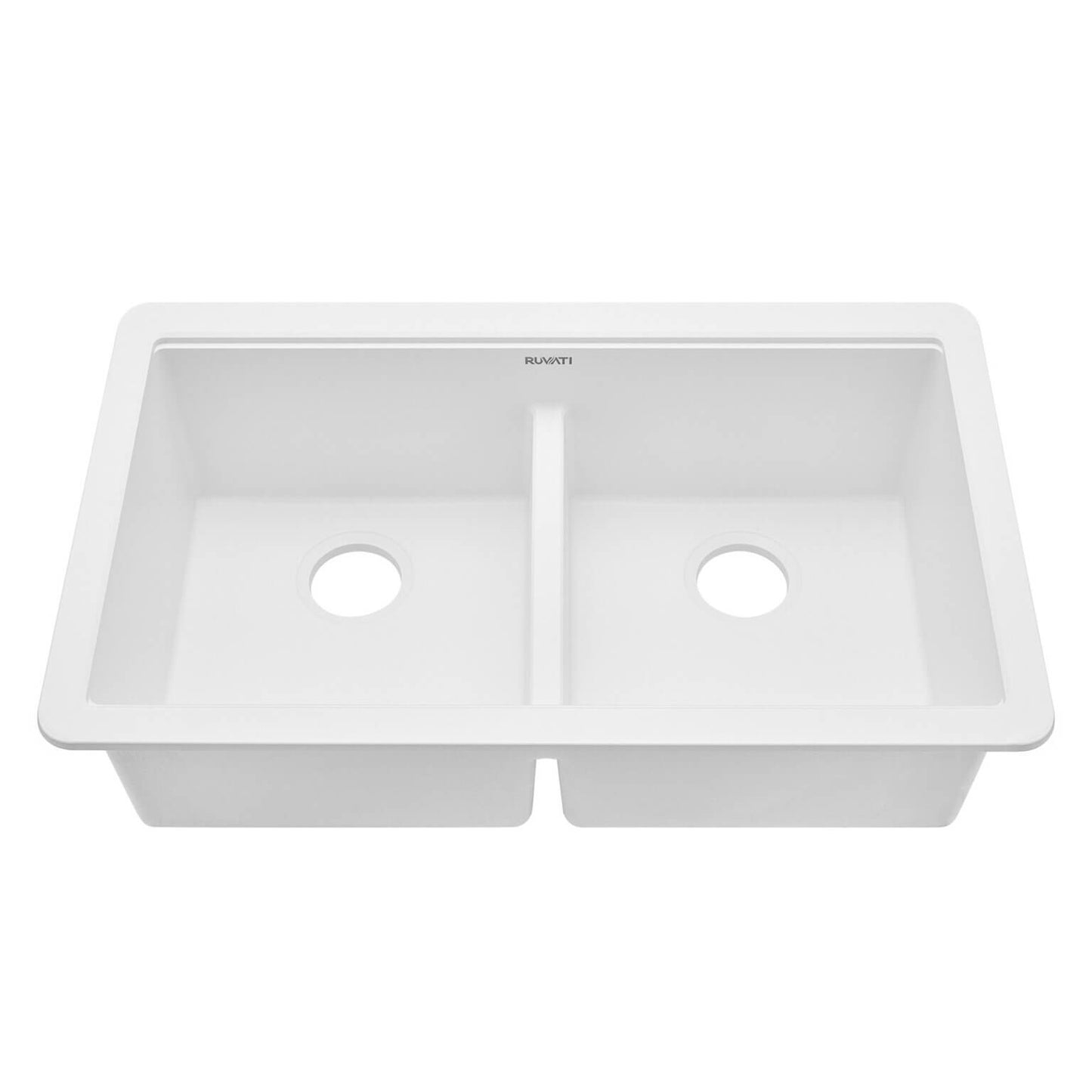 Ruvati RVG2385 33" Granite Composite Undermount Low Divide Sink in white with low divide design and double bowl.