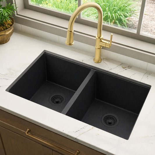 Ruvati RVG2388 32" Granite Composite Undermount Double Bowl Sink installed in modern kitchen with faucet