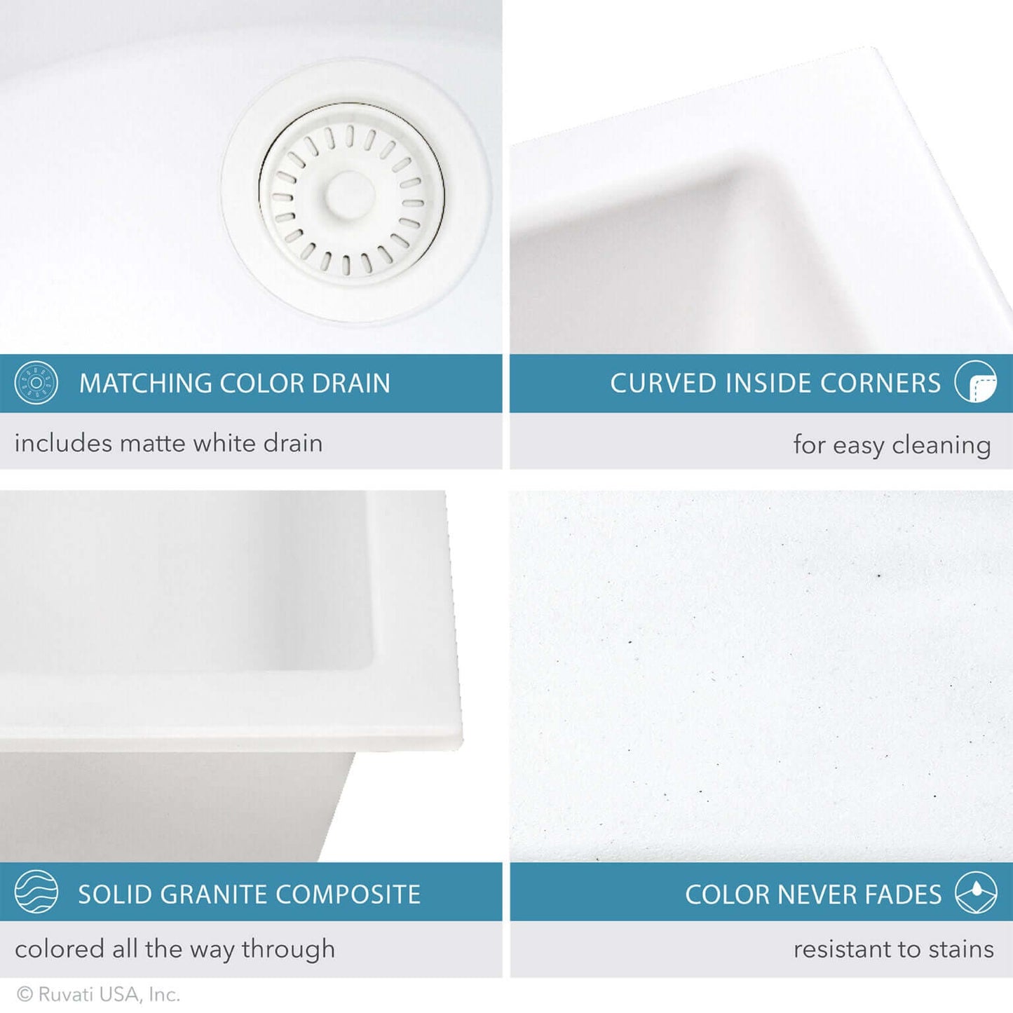 Ruvati RVG2388 32" Granite Composite Undermount Double Bowl Sink features matching color drain and solid granite composite construction.