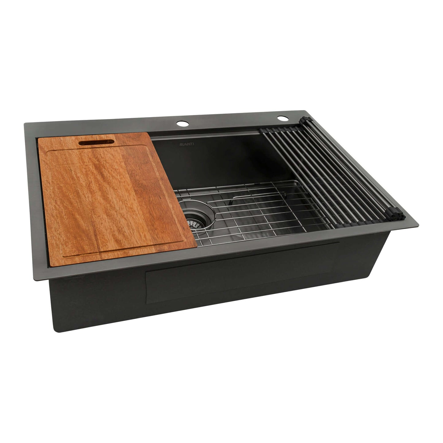 Ruvati Giana 33" Workstation Stainless Steel Kitchen Sink RVH5003BL with wood cutting board and accessories.