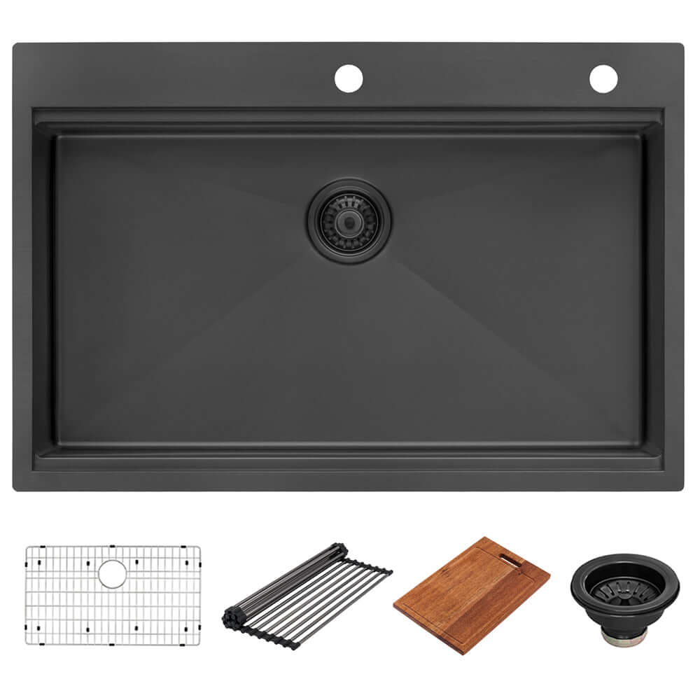 Ruvati Giana 33" Workstation Stainless Steel Kitchen Sink RVH5003BL with accessories in Gunmetal Black finish.
