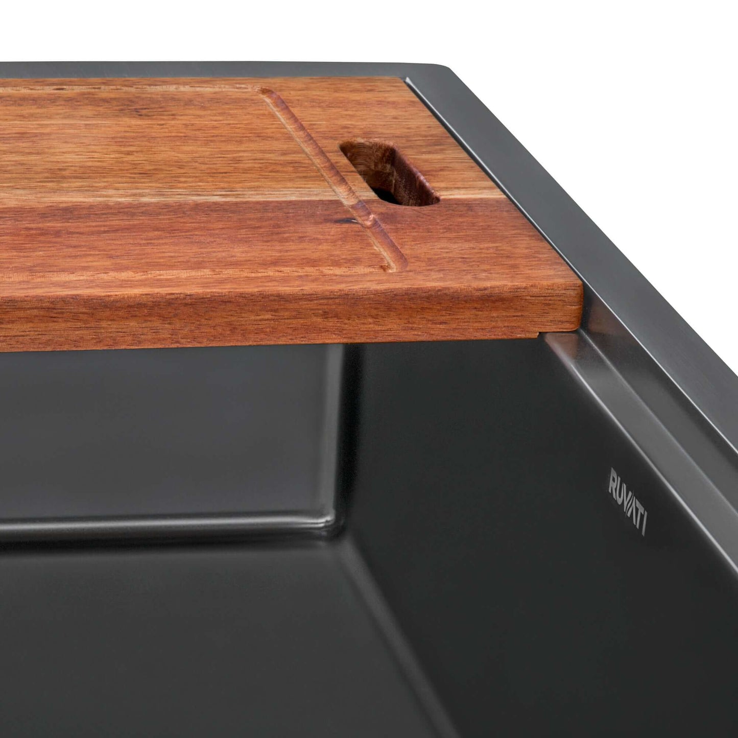 Ruvati Giana 33" Workstation Stainless Steel Kitchen Sink RVH5003BL with wooden cutting board insert.
