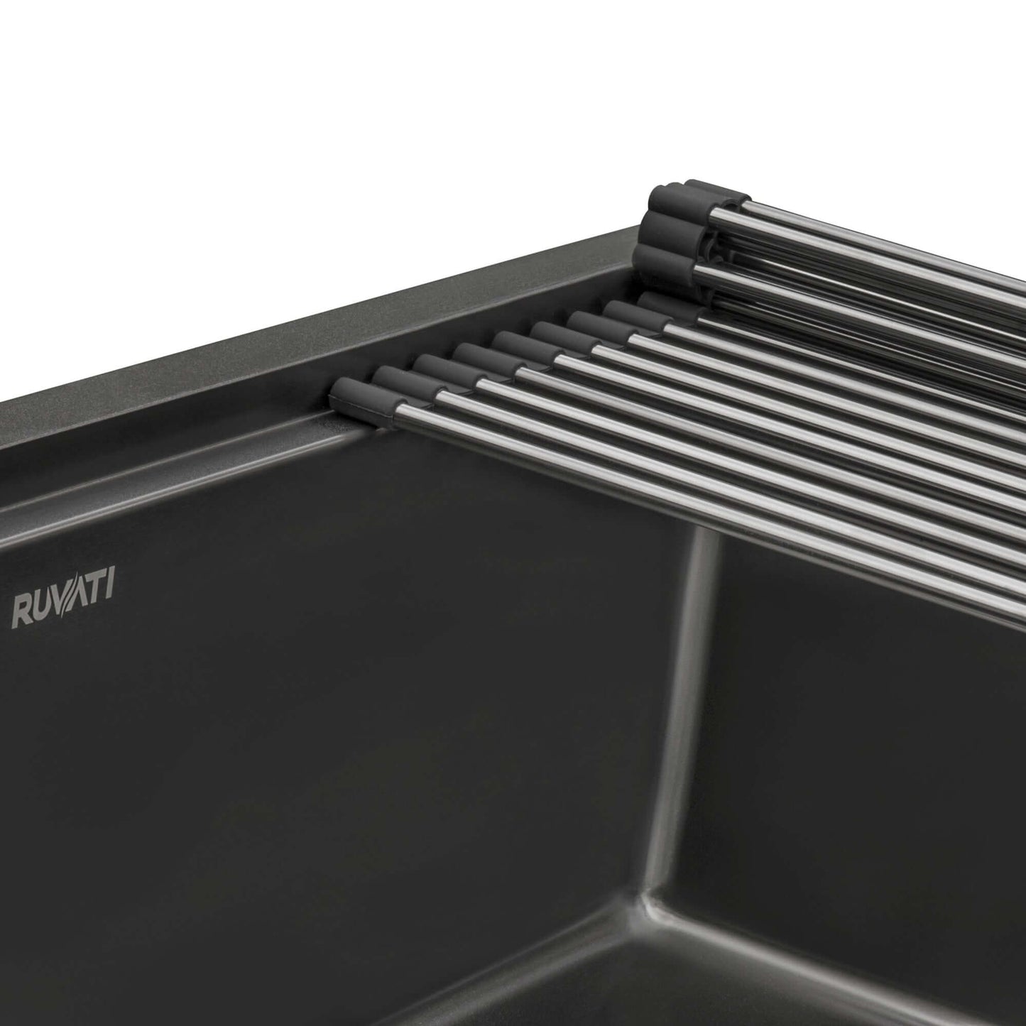 Ruvati Giana 33" Workstation Stainless Steel Kitchen Sink RVH5003BL close-up of configuration and accessories.
