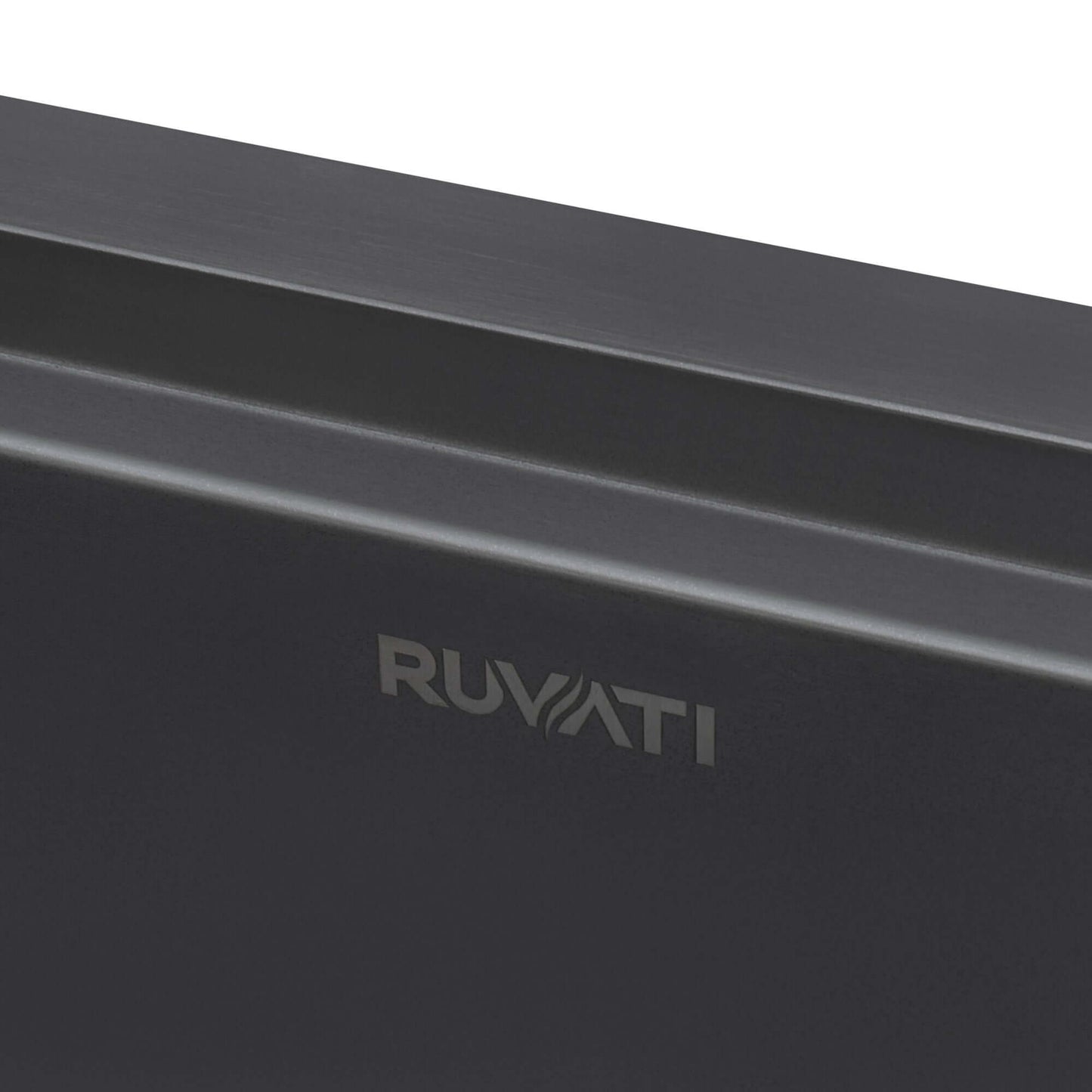 Ruvati Giana 33" Workstation Stainless Steel Kitchen Sink RVH5003BL logo detail on gunmetal black surface.
