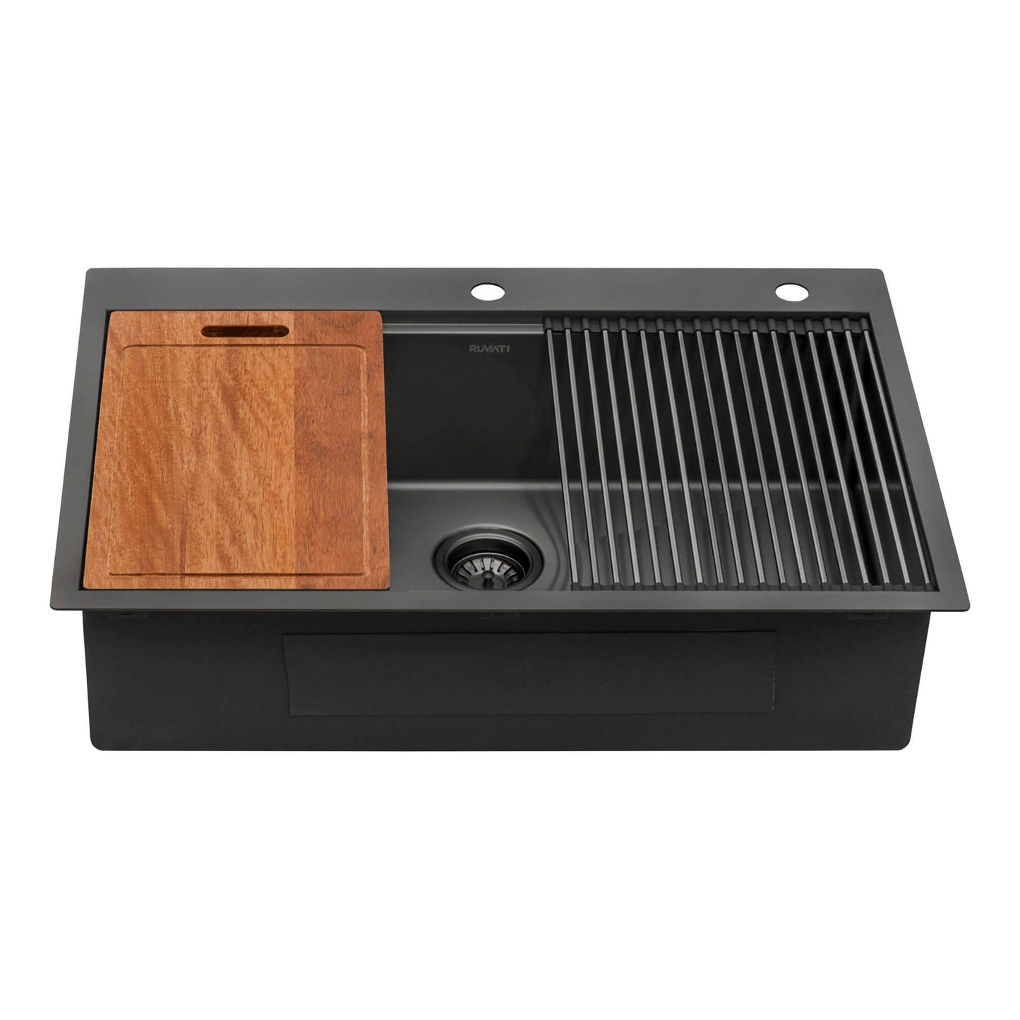 Ruvati Giana 33" Workstation Stainless Steel Kitchen Sink RVH5003BL with wooden cutting board and drain rack