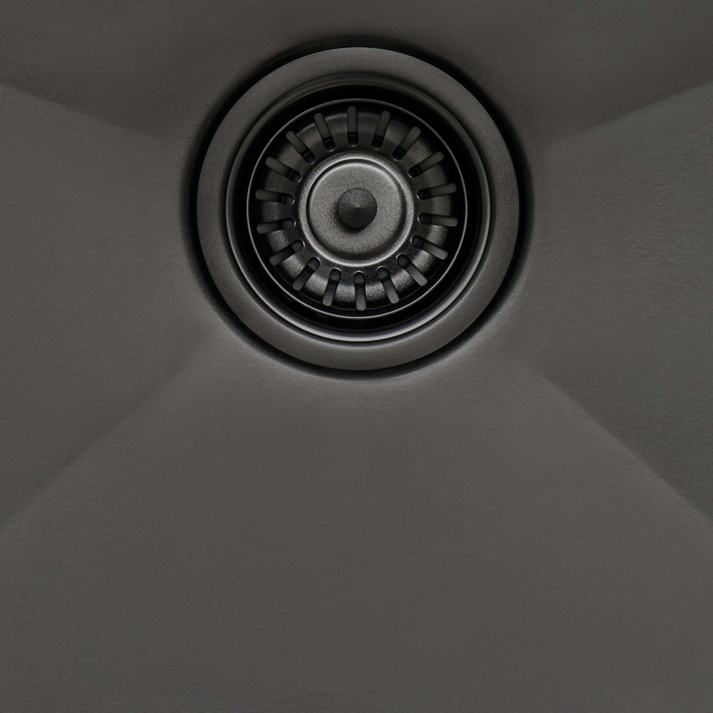 Ruvati Giana 33" Workstation Stainless Steel Kitchen Sink RVH5003BL drain detail in Gunmetal Black finish