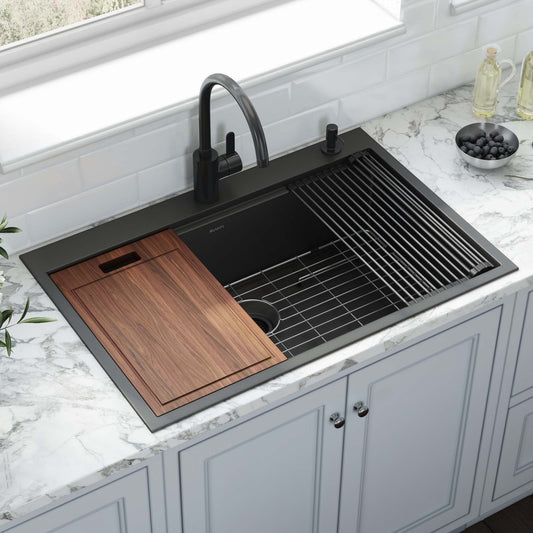 Ruvati Giana 33" Workstation Stainless Steel Kitchen Sink RVH5003BL in Gunmetal Black with wooden accessories.
