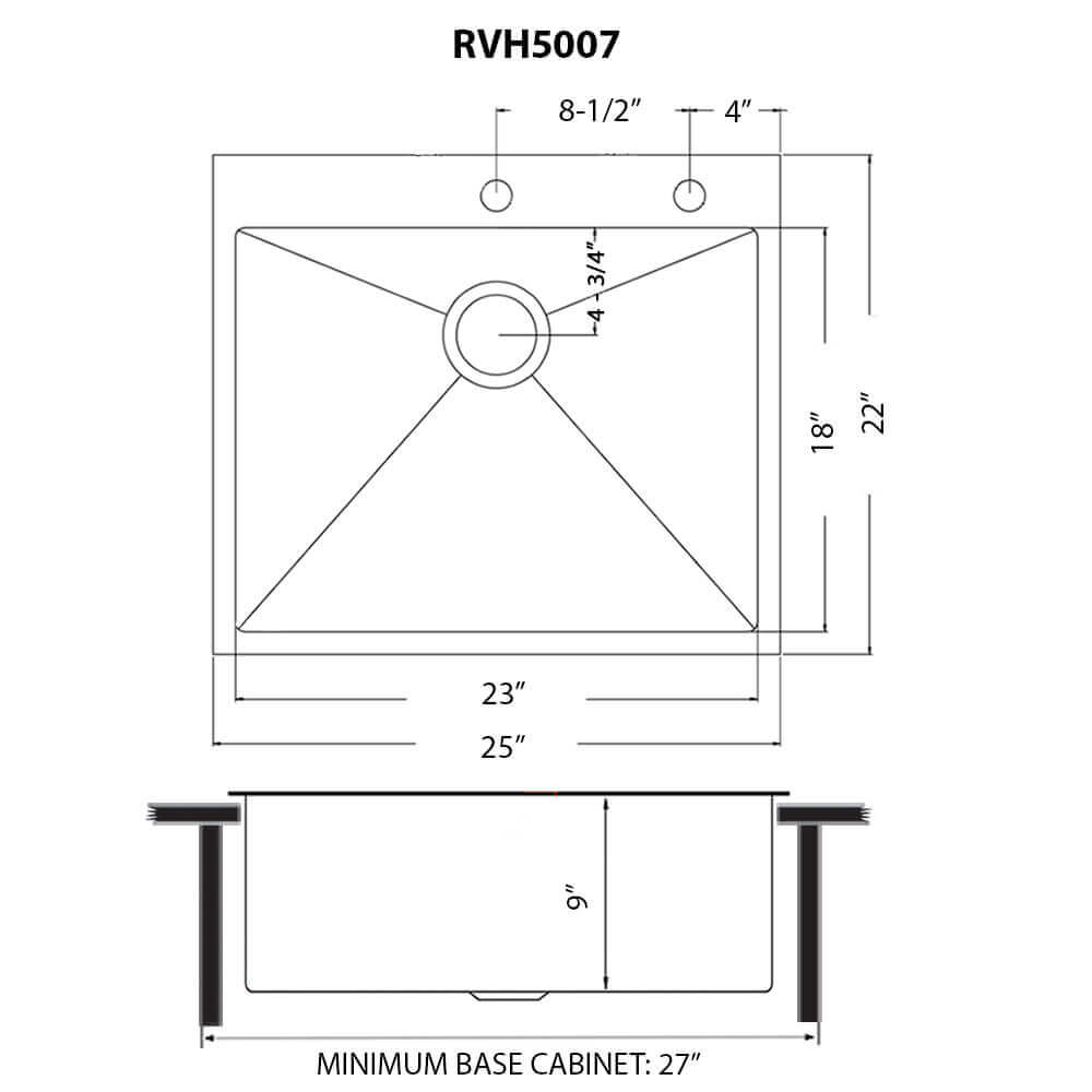 Ruvati 25" Terraza Nano-PVD Topmount Kitchen Sink Single Bowl - RVH5007 dimensions diagram showing size and installation details.