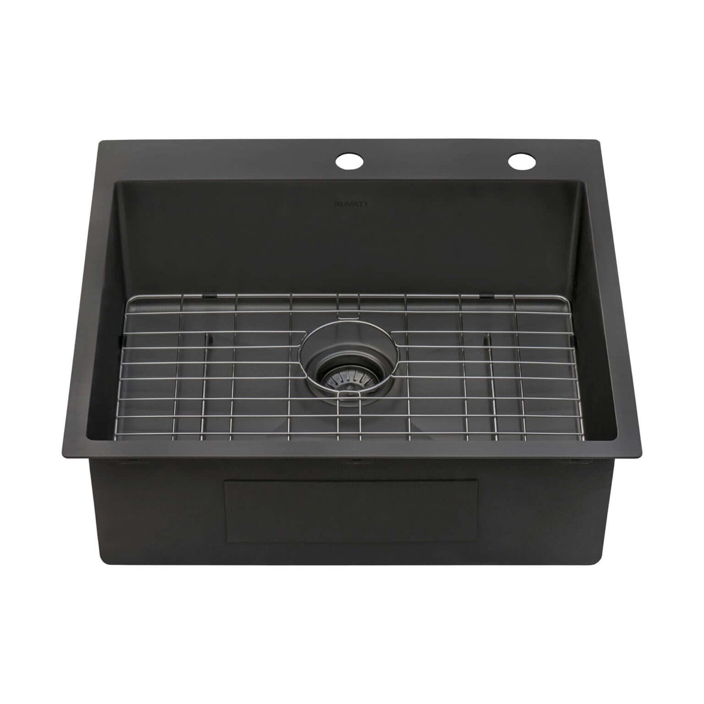 Ruvati 25" Terraza Nano-PVD Topmount Kitchen Sink Single Bowl - RVH5007 in Gunmetal Black with bowl grid.