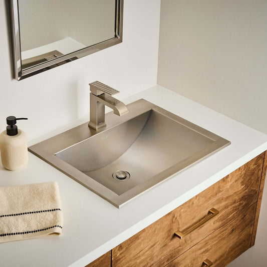 Ruvati 21" x 17" Ariaso Nano-PVD Arc Bowl Bathroom Sink Topmount - RVH5110 in a modern bathroom setting.