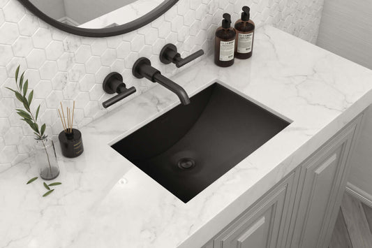 Ruvati 34" x 14" Ariaso Nano-PVD Arc Bowl Bathroom Sink Undermount - RVH6134 installed in a modern bathroom.