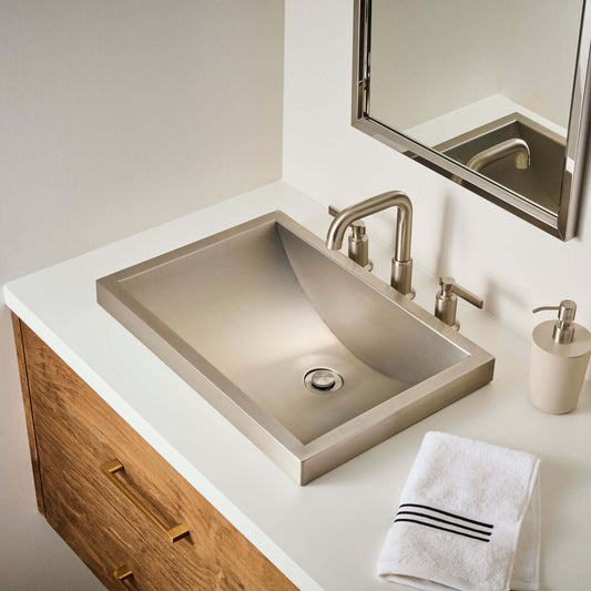 Ruvati 20" x 14" Ariaso Nano-PVD Semi-Recessed Bathroom Sink - RVH6211 in modern bathroom setting.